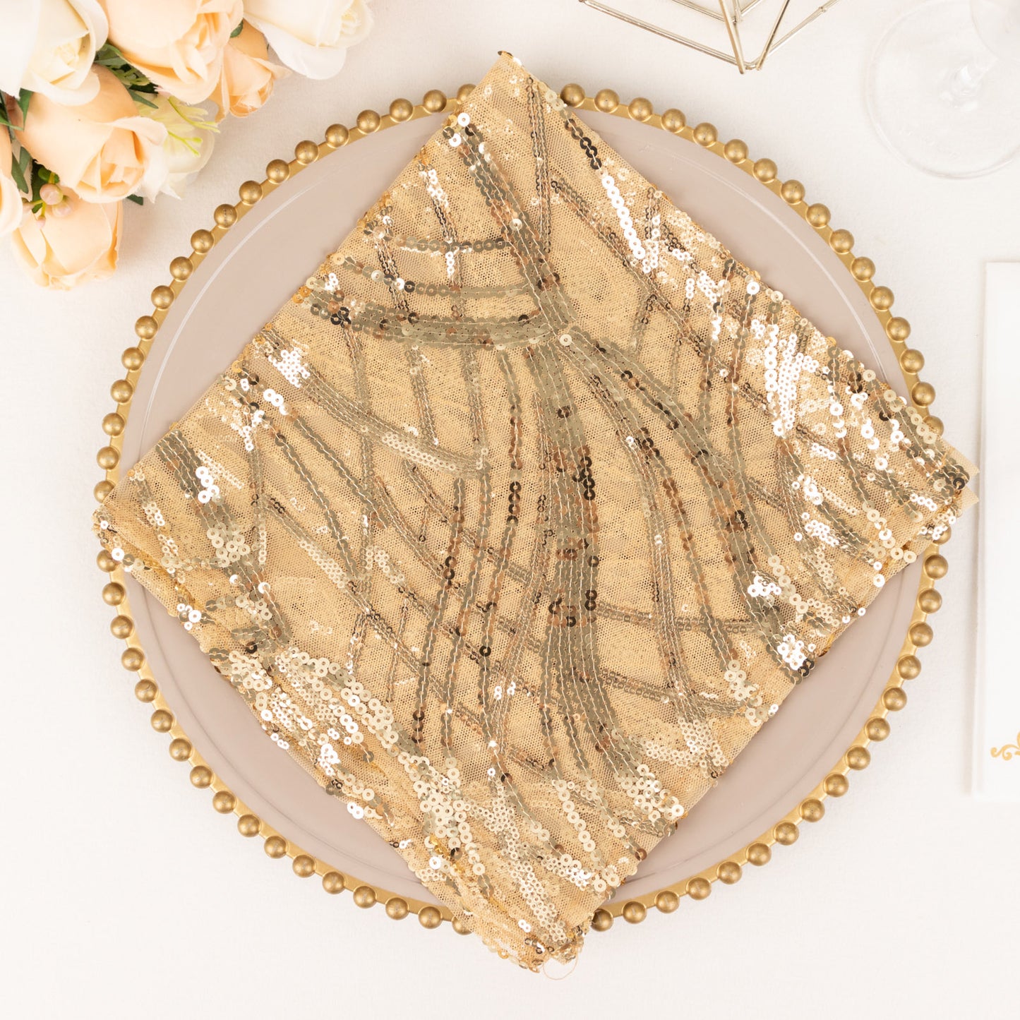 Champagne Wave Embroidered Sequin Mesh Dinner Napkin, Reusable Decorative Napkin - 20"x20"