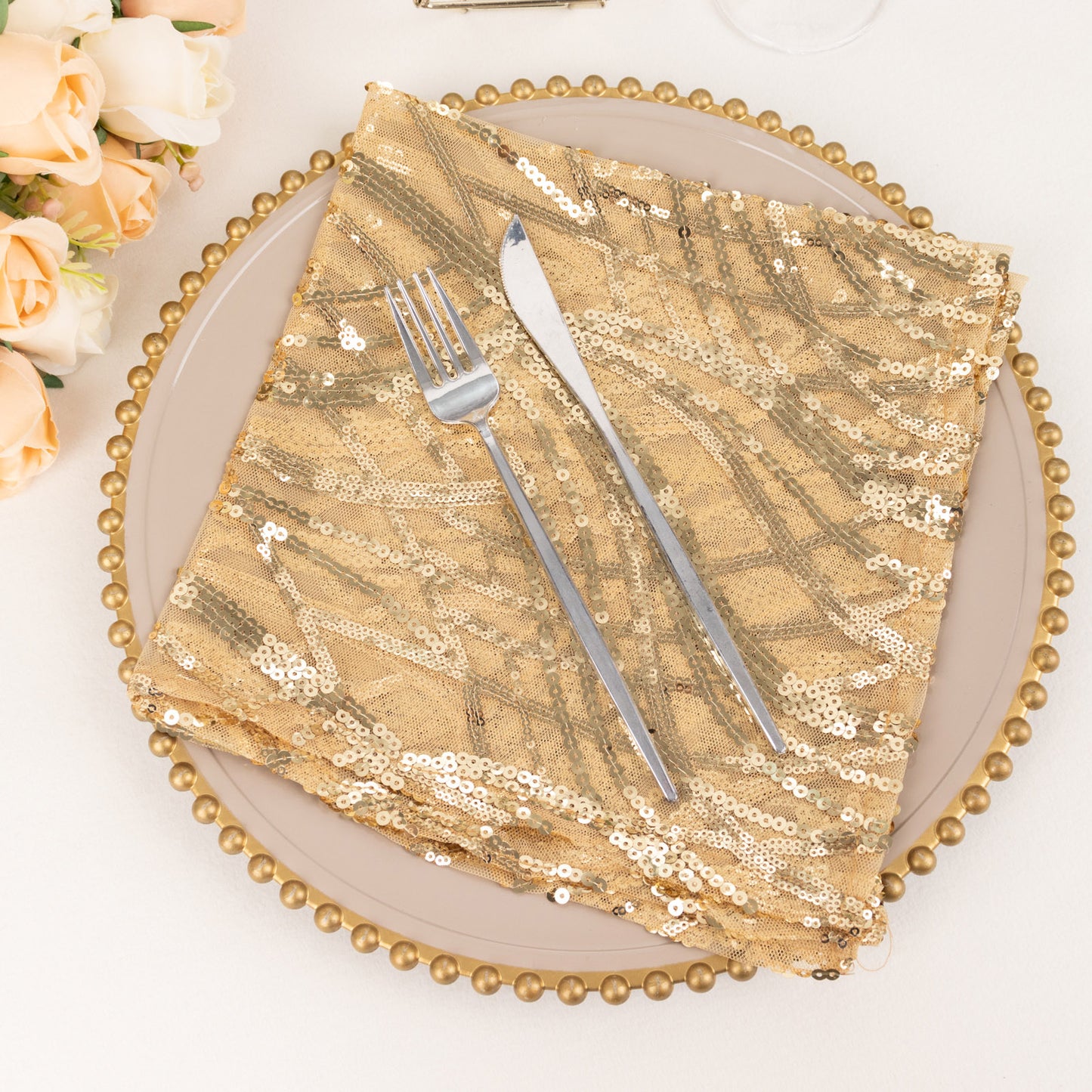 Champagne Wave Embroidered Sequin Mesh Dinner Napkin, Reusable Decorative Napkin - 20"x20"