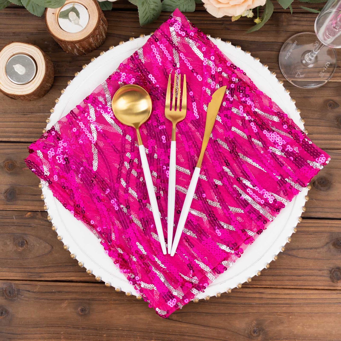 Fuchsia Silver Wave Embroidered Sequin Mesh Dinner Napkin, Reusable Decorative Napkin - 20"x20"