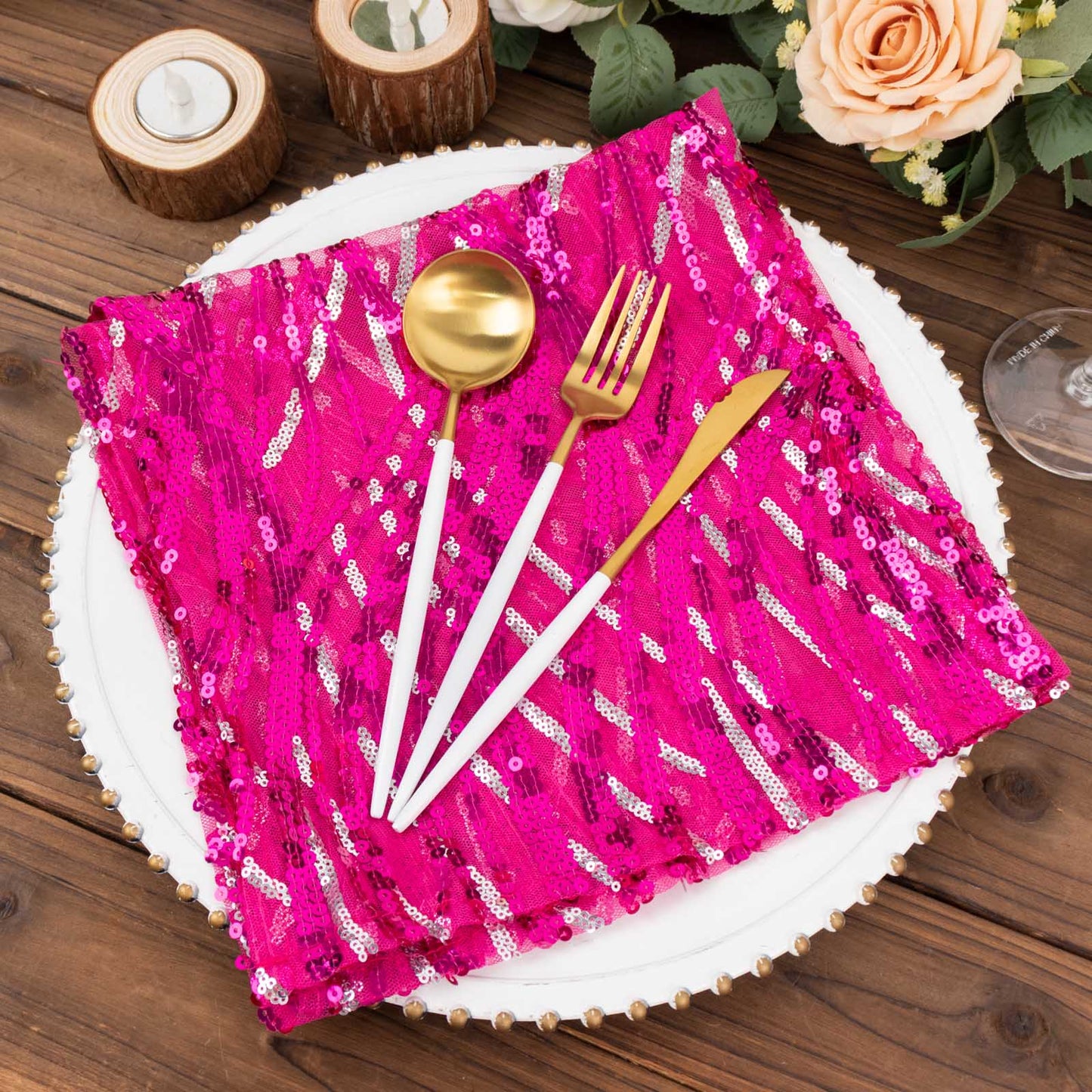 Fuchsia Silver Wave Embroidered Sequin Mesh Dinner Napkin, Reusable Decorative Napkin - 20"x20"