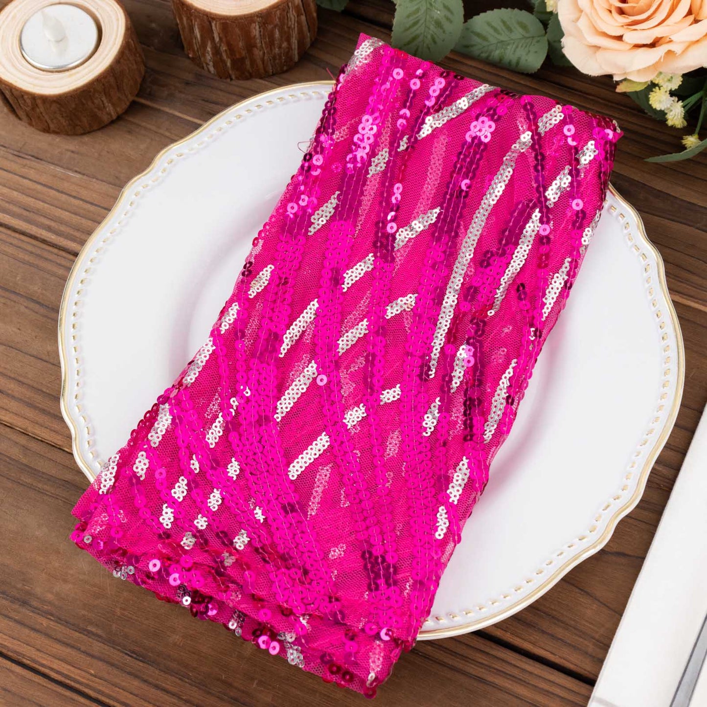 Fuchsia Silver Wave Embroidered Sequin Mesh Dinner Napkin, Reusable Decorative Napkin - 20"x20"