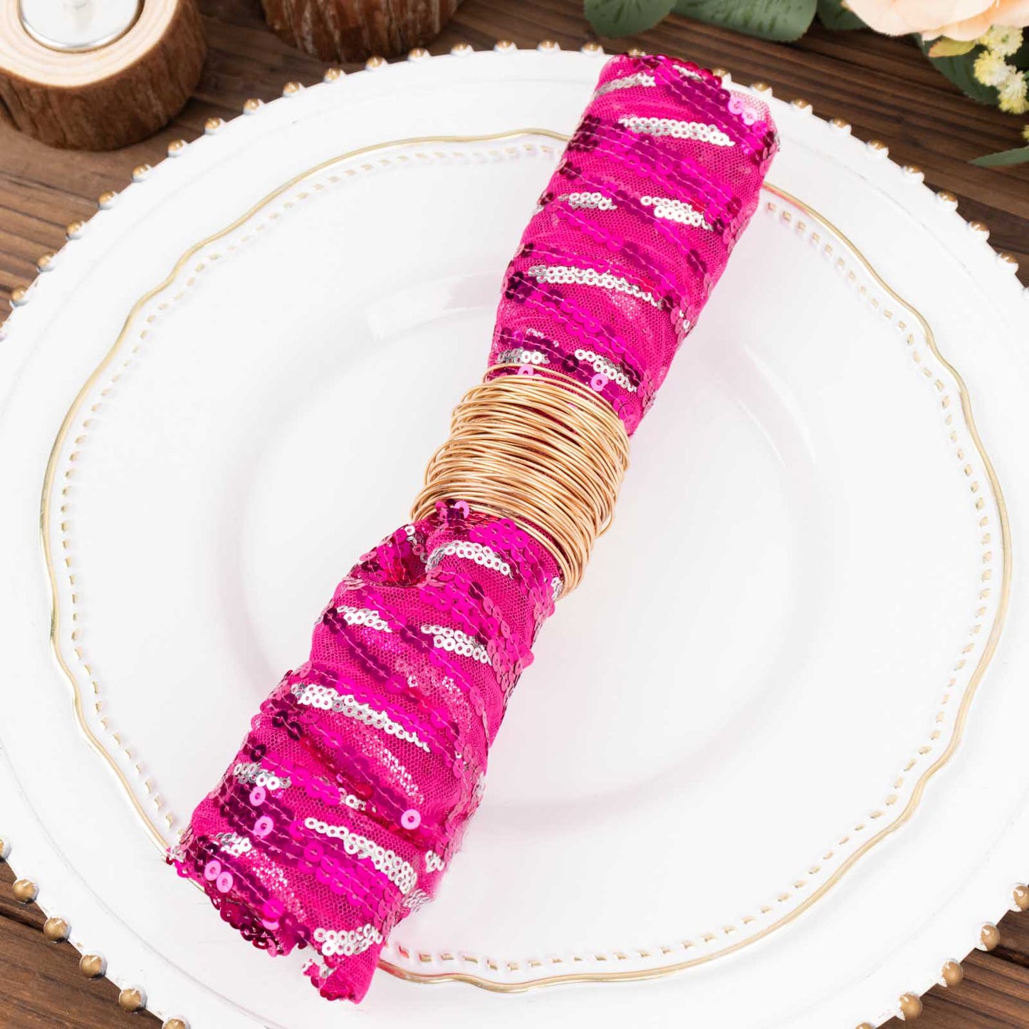 Fuchsia Silver Wave Embroidered Sequin Mesh Dinner Napkin, Reusable Decorative Napkin - 20"x20"