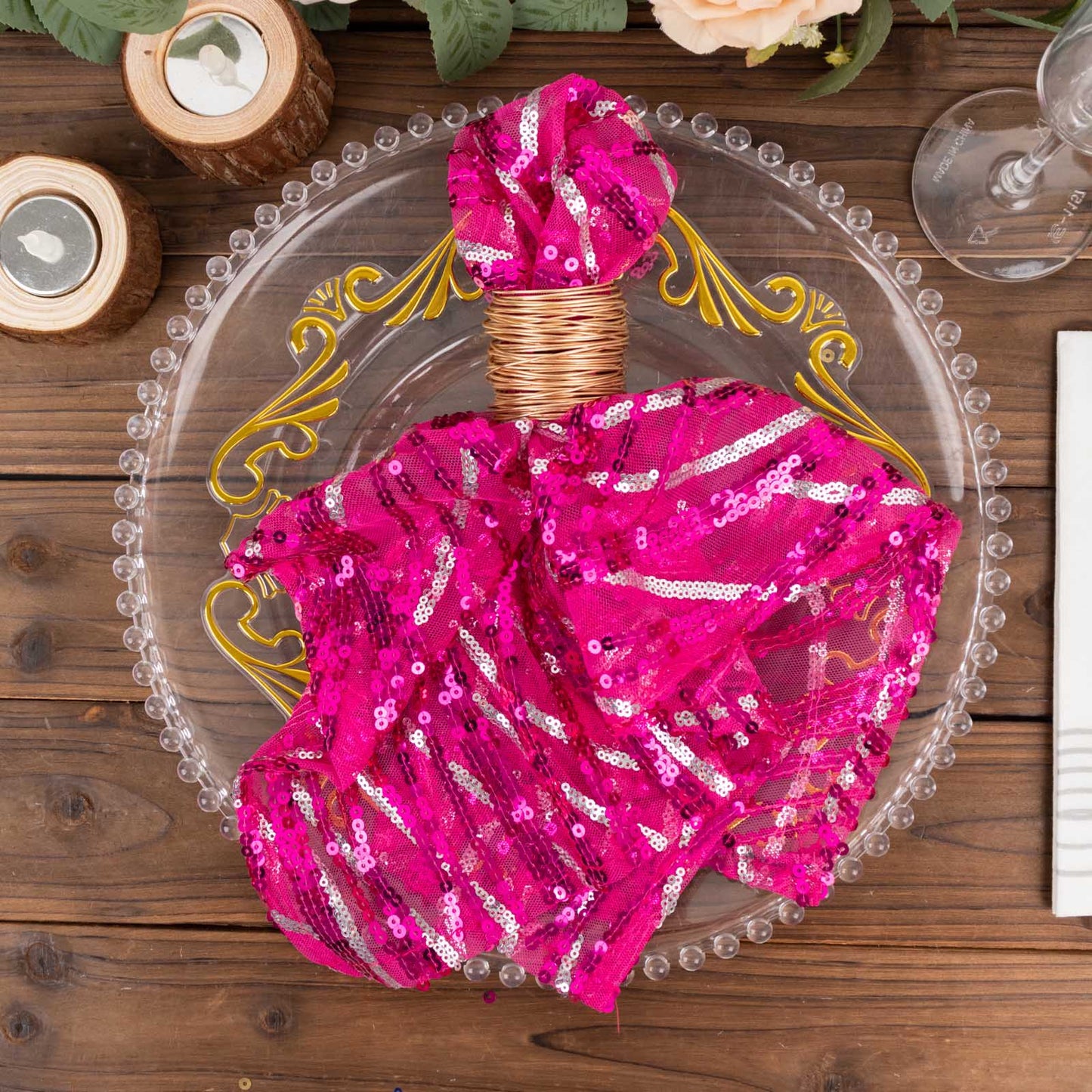 Fuchsia Silver Wave Embroidered Sequin Mesh Dinner Napkin, Reusable Decorative Napkin - 20"x20"