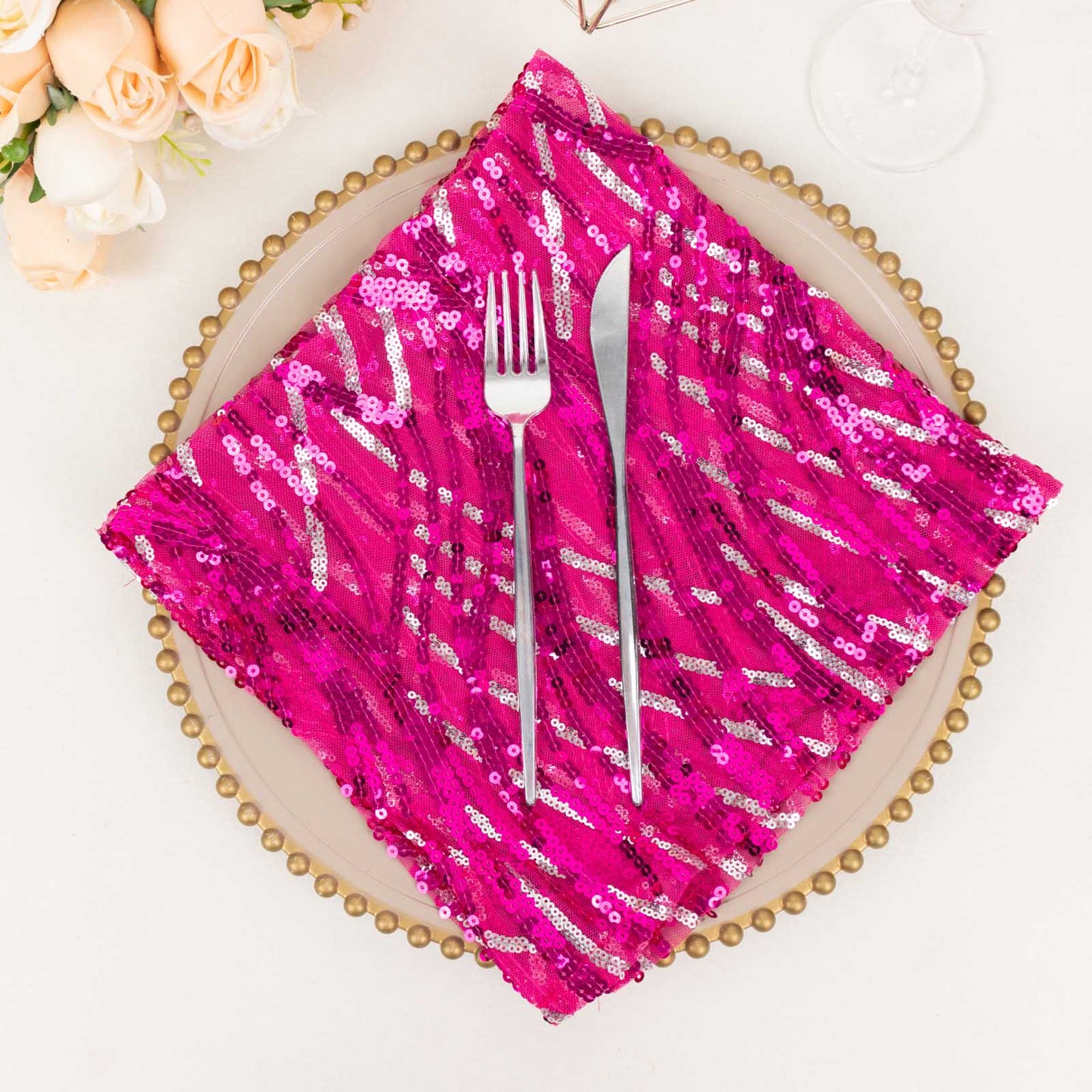 Fuchsia Silver Wave Embroidered Sequin Mesh Dinner Napkin, Reusable Decorative Napkin - 20"x20"