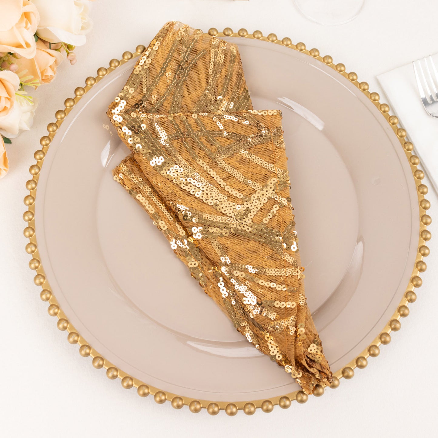 Gold Wave Embroidered Sequin Mesh Dinner Napkin, Reusable Decorative Napkin - 20"x20"