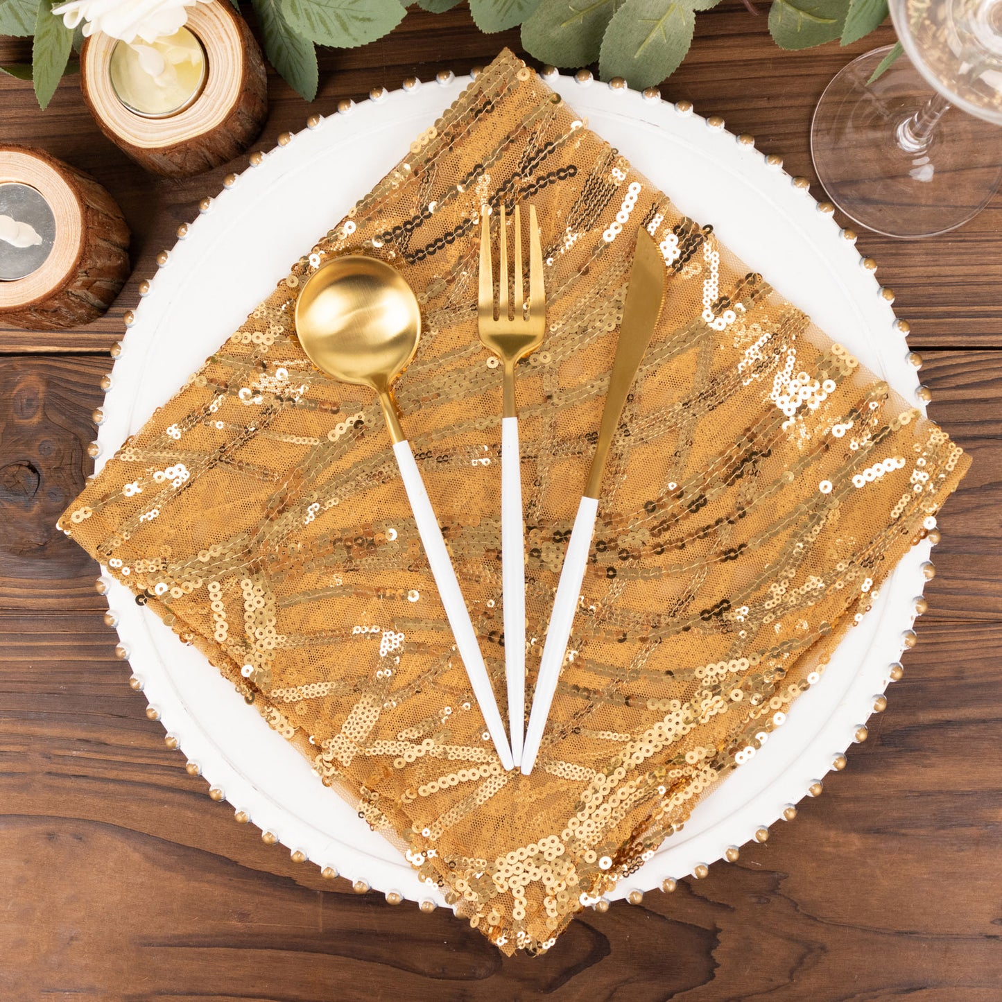 Gold Wave Embroidered Sequin Mesh Dinner Napkin, Reusable Decorative Napkin - 20"x20"