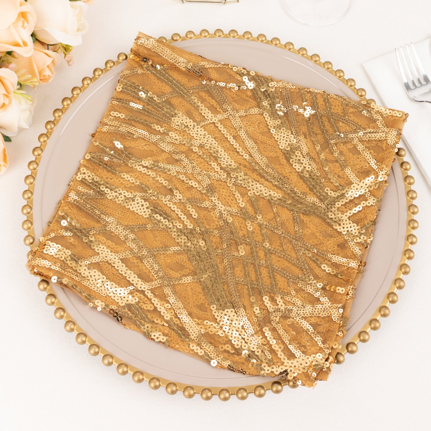 Gold Wave Embroidered Sequin Mesh Dinner Napkin, Reusable Decorative Napkin - 20"x20"