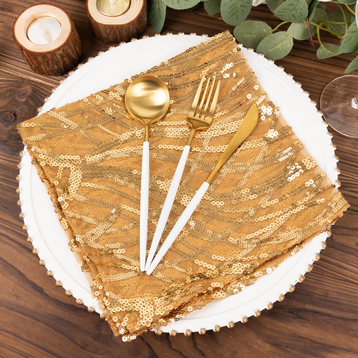 Gold Wave Embroidered Sequin Mesh Dinner Napkin, Reusable Decorative Napkin - 20"x20"