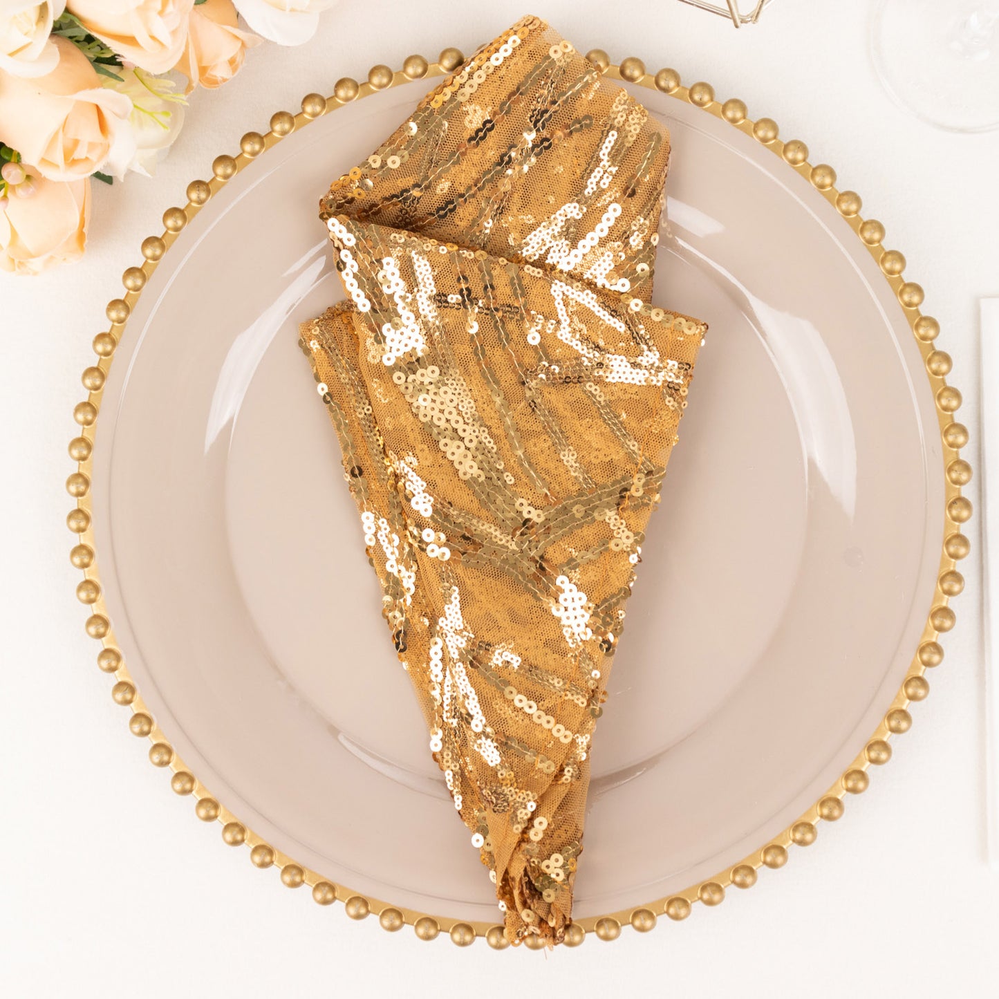 Gold Wave Embroidered Sequin Mesh Dinner Napkin, Reusable Decorative Napkin - 20"x20"