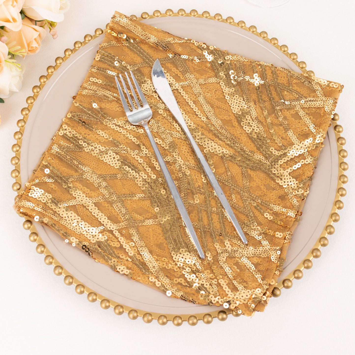 Gold Wave Embroidered Sequin Mesh Dinner Napkin, Reusable Decorative Napkin - 20"x20"