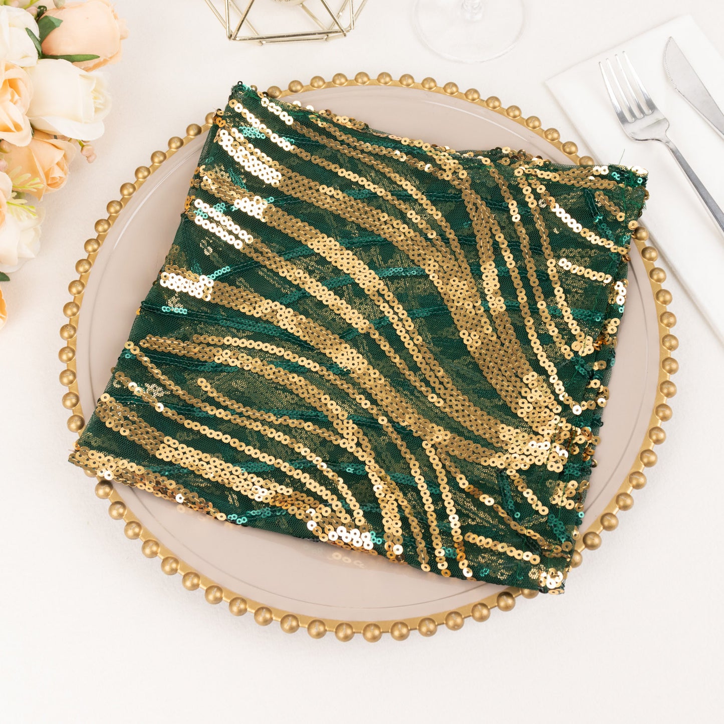 Hunter Emerald Green Gold Wave Embroidered Sequin Mesh Dinner Napkin, Reusable Decorative Napkin - 20"x20"