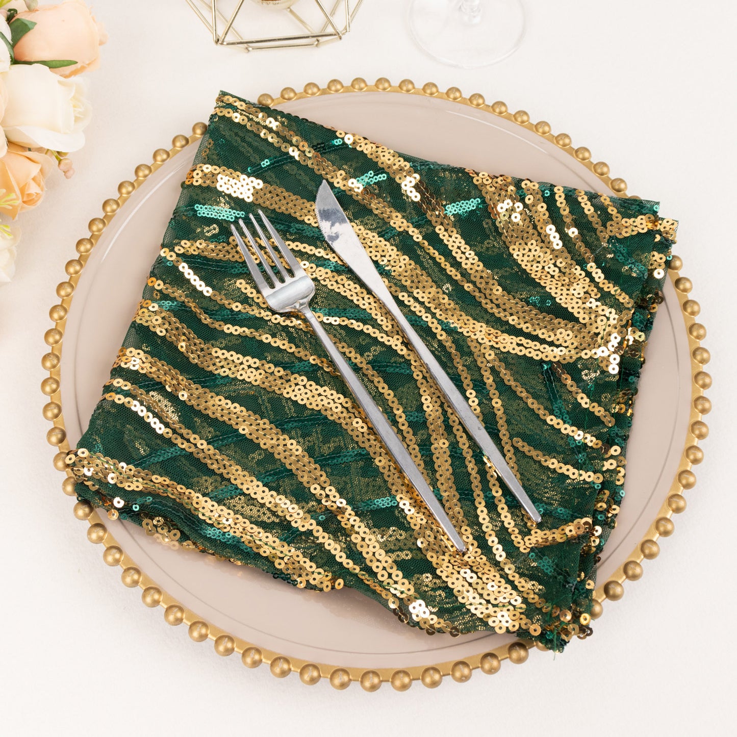 Hunter Emerald Green Gold Wave Embroidered Sequin Mesh Dinner Napkin, Reusable Decorative Napkin - 20"x20"
