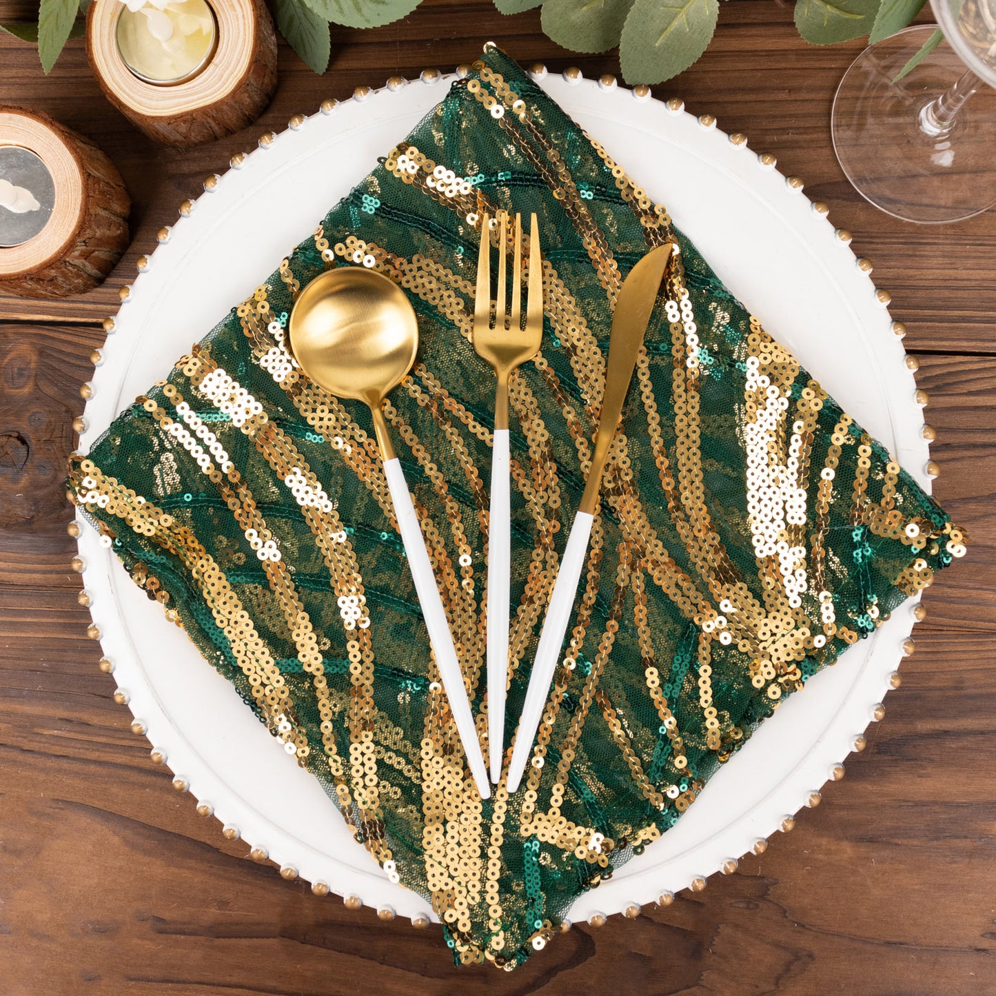 Hunter Emerald Green Gold Wave Embroidered Sequin Mesh Dinner Napkin, Reusable Decorative Napkin - 20"x20"