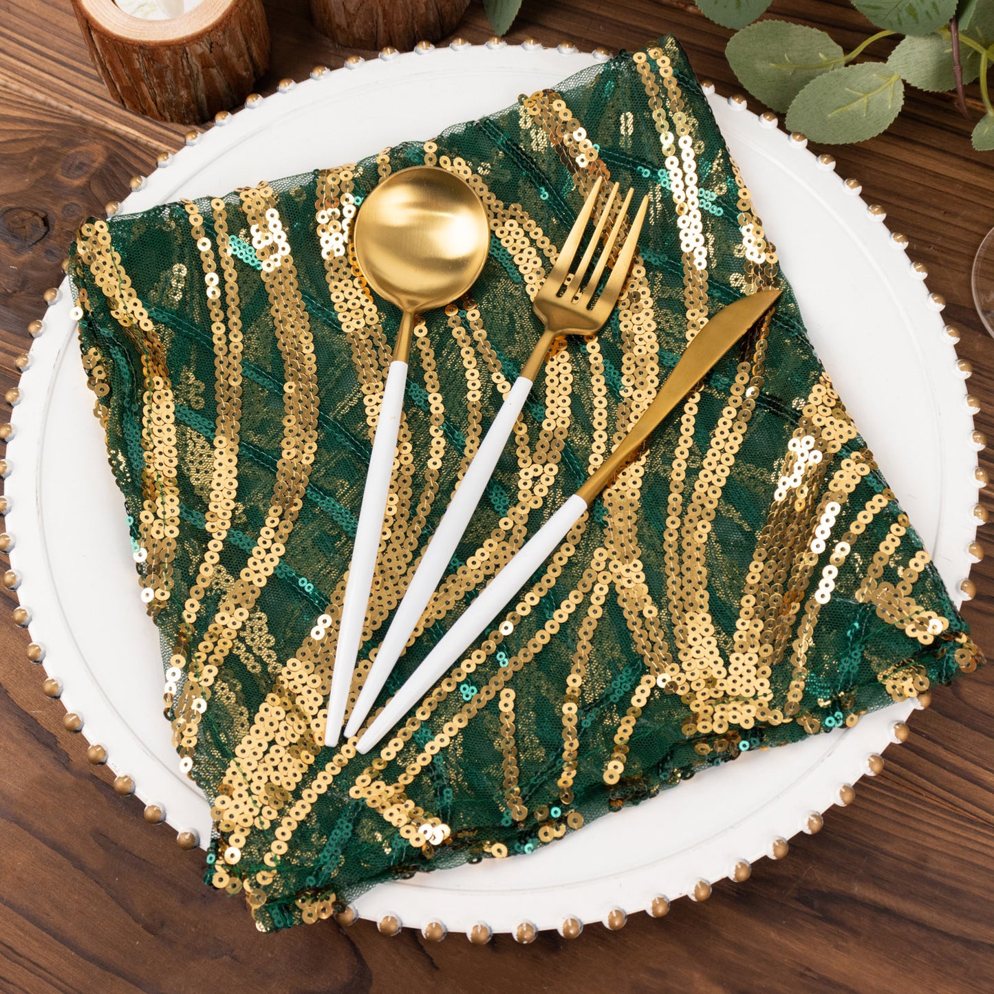 Hunter Emerald Green Gold Wave Embroidered Sequin Mesh Dinner Napkin, Reusable Decorative Napkin - 20"x20"