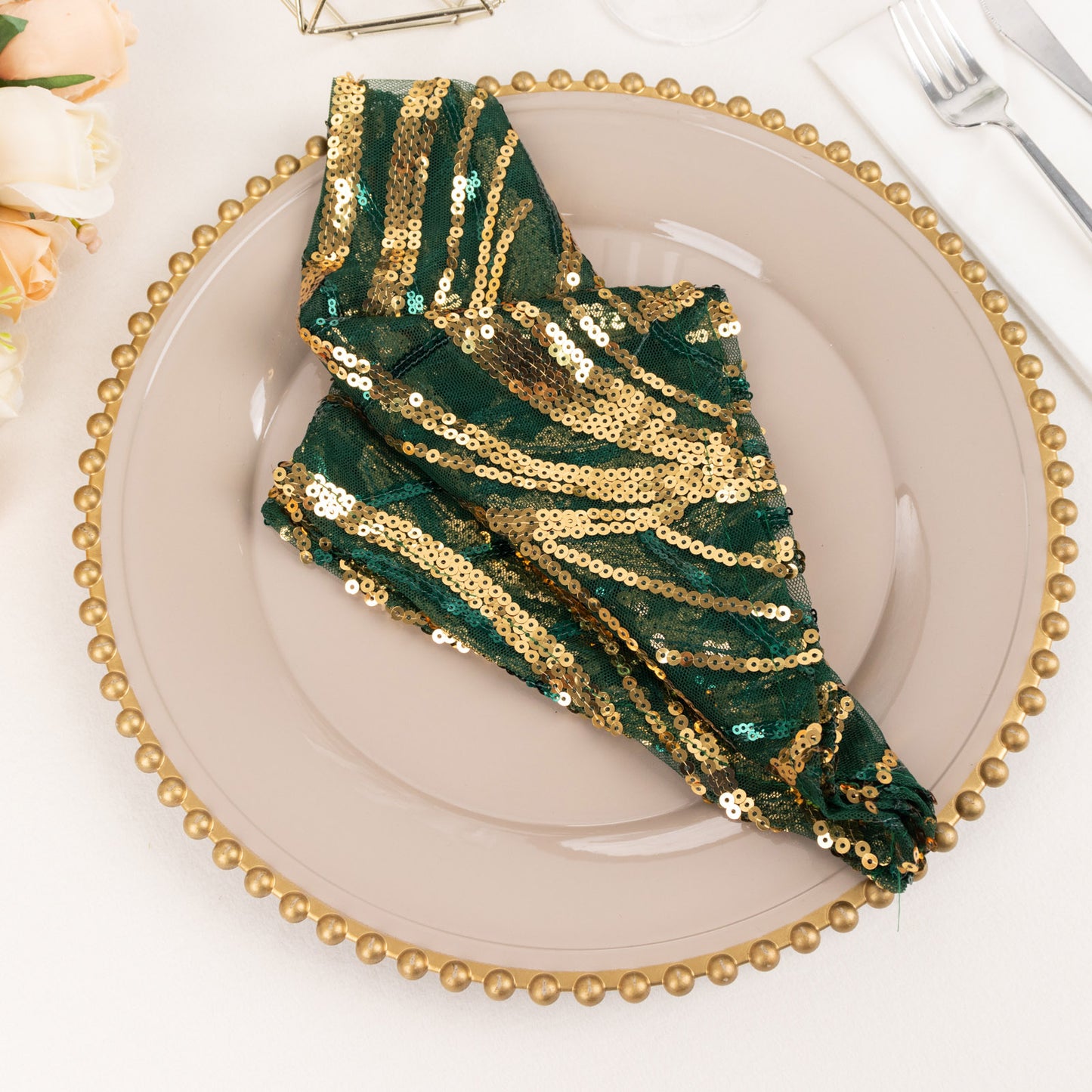 Hunter Emerald Green Gold Wave Embroidered Sequin Mesh Dinner Napkin, Reusable Decorative Napkin - 20"x20"