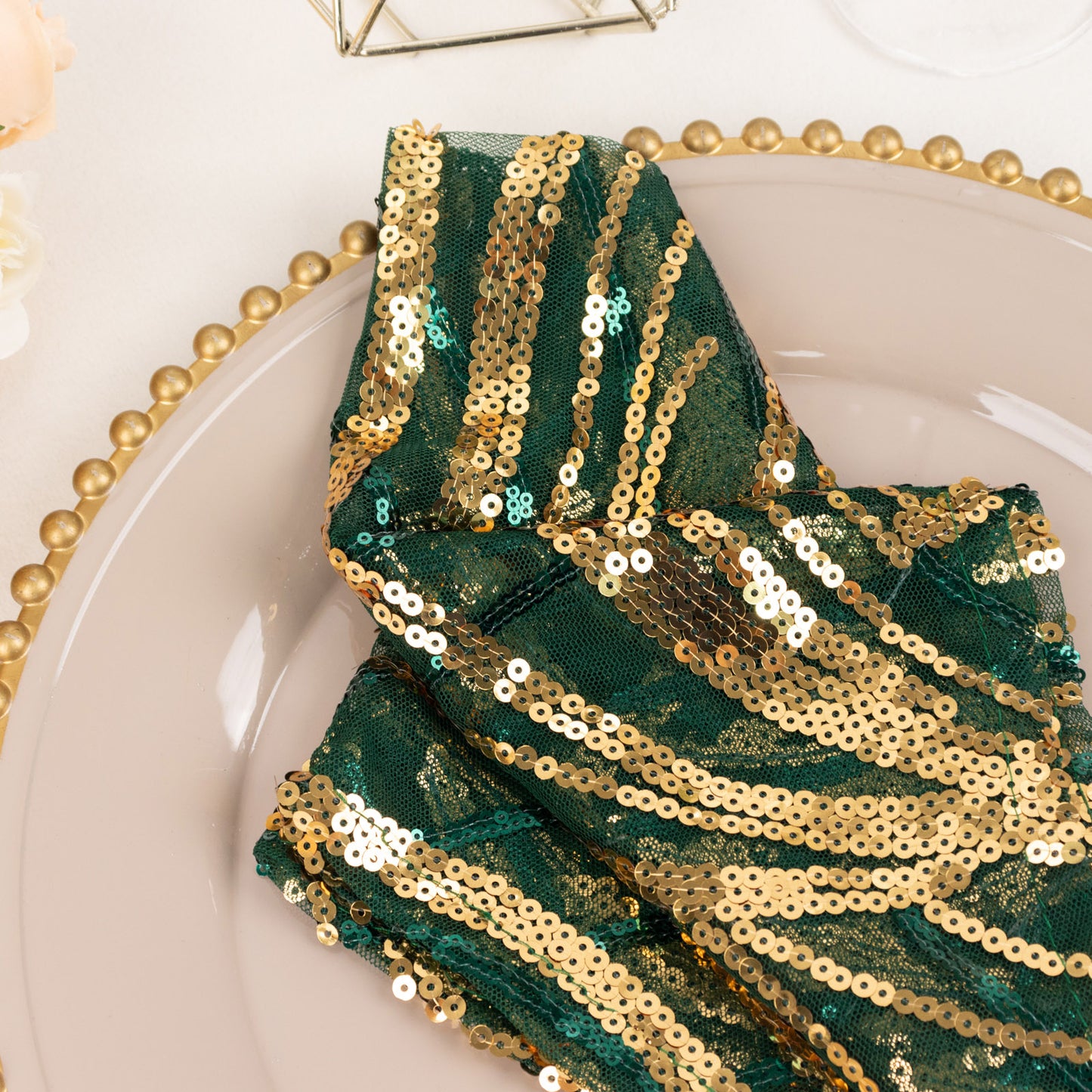 Hunter Emerald Green Gold Wave Embroidered Sequin Mesh Dinner Napkin, Reusable Decorative Napkin - 20"x20"