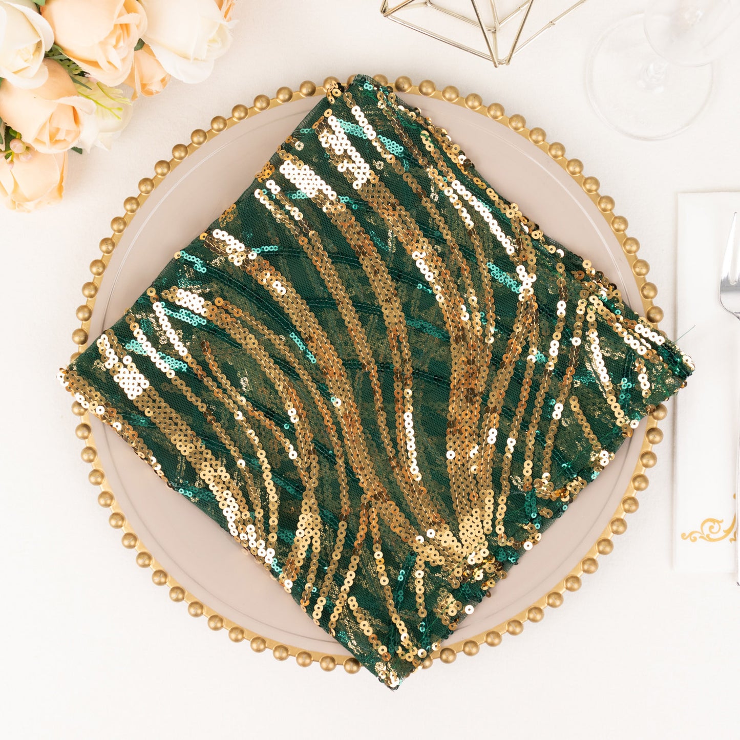 Hunter Emerald Green Gold Wave Embroidered Sequin Mesh Dinner Napkin, Reusable Decorative Napkin - 20"x20"