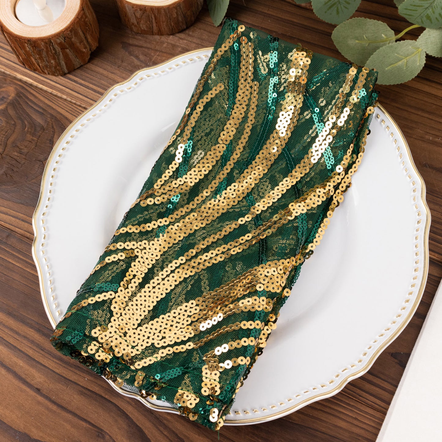 Hunter Emerald Green Gold Wave Embroidered Sequin Mesh Dinner Napkin, Reusable Decorative Napkin - 20"x20"