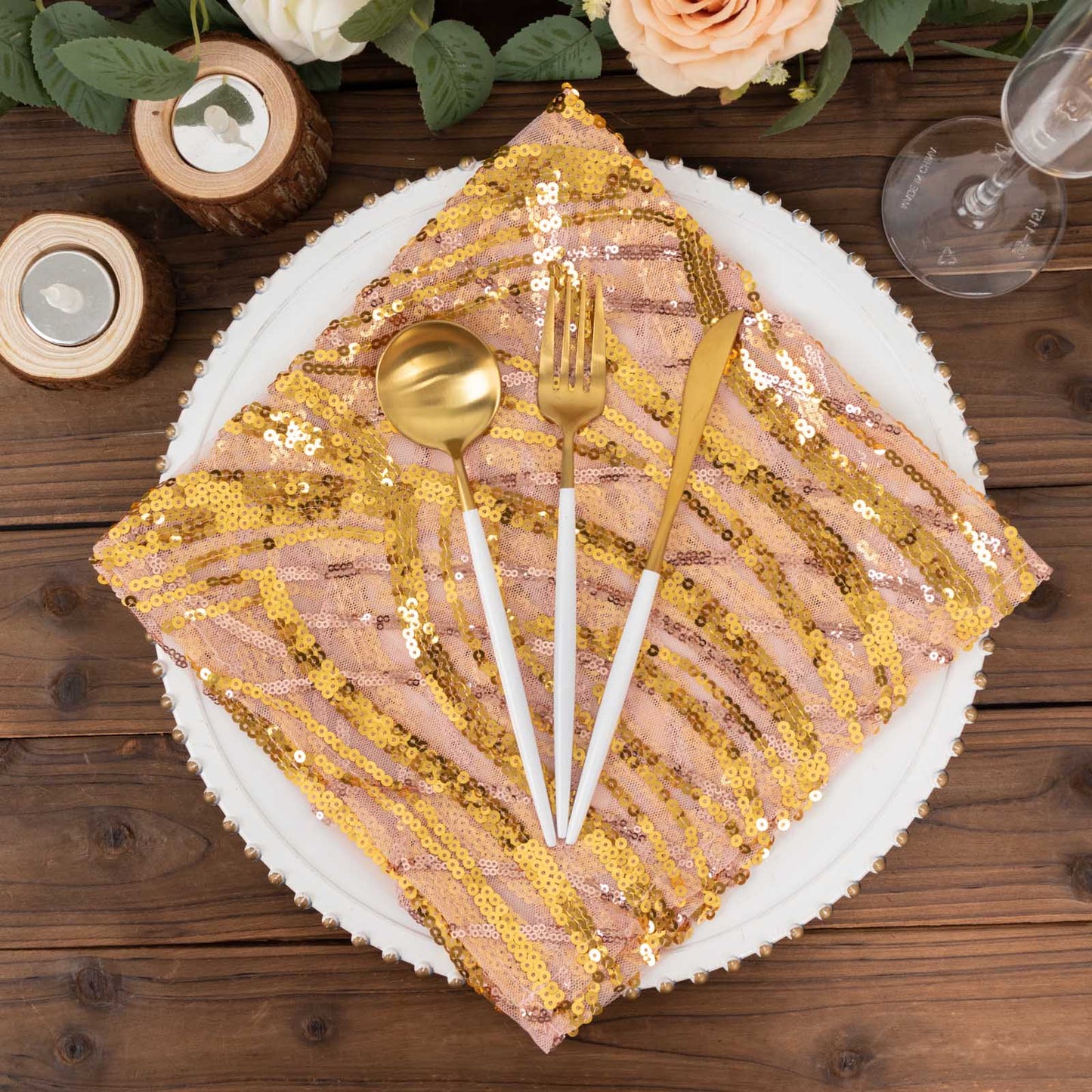 Rose Gold Wave Embroidered Sequin Mesh Dinner Napkin, Reusable Decorative Napkin - 20"x20"