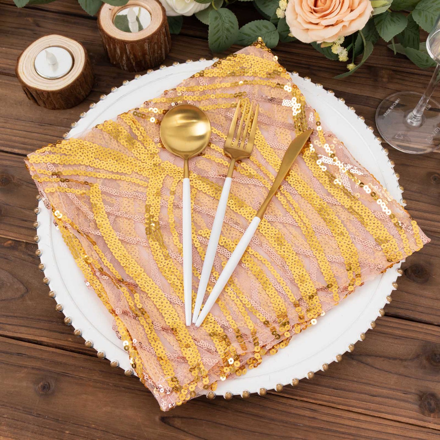 Rose Gold Wave Embroidered Sequin Mesh Dinner Napkin, Reusable Decorative Napkin - 20"x20"