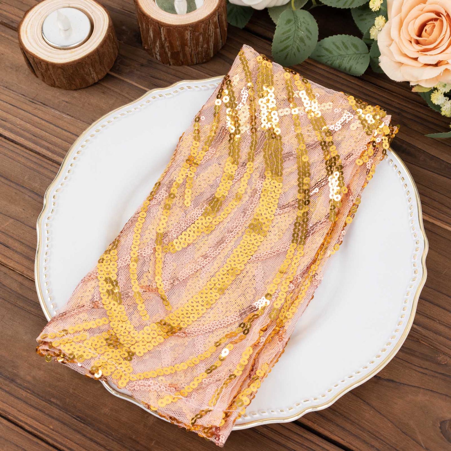 Rose Gold Wave Embroidered Sequin Mesh Dinner Napkin, Reusable Decorative Napkin - 20"x20"