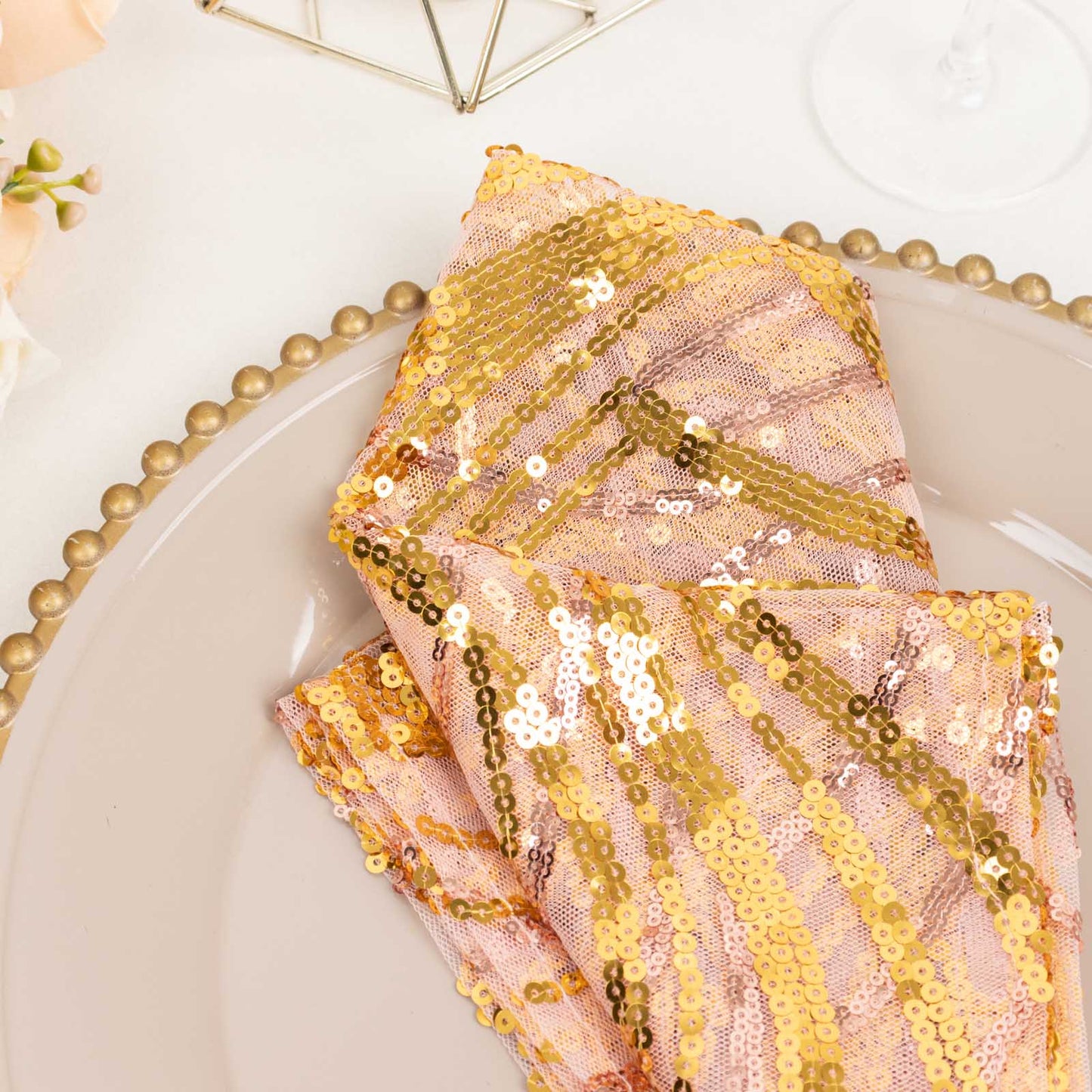 Rose Gold Wave Embroidered Sequin Mesh Dinner Napkin, Reusable Decorative Napkin - 20"x20"