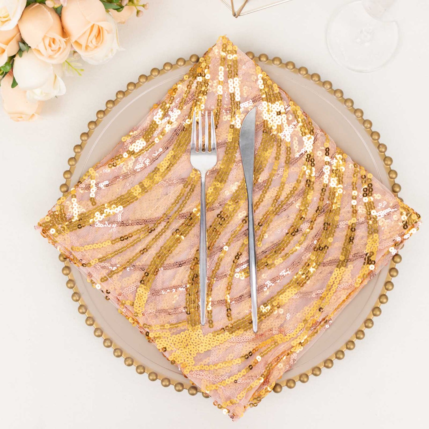 Rose Gold Wave Embroidered Sequin Mesh Dinner Napkin, Reusable Decorative Napkin - 20"x20"