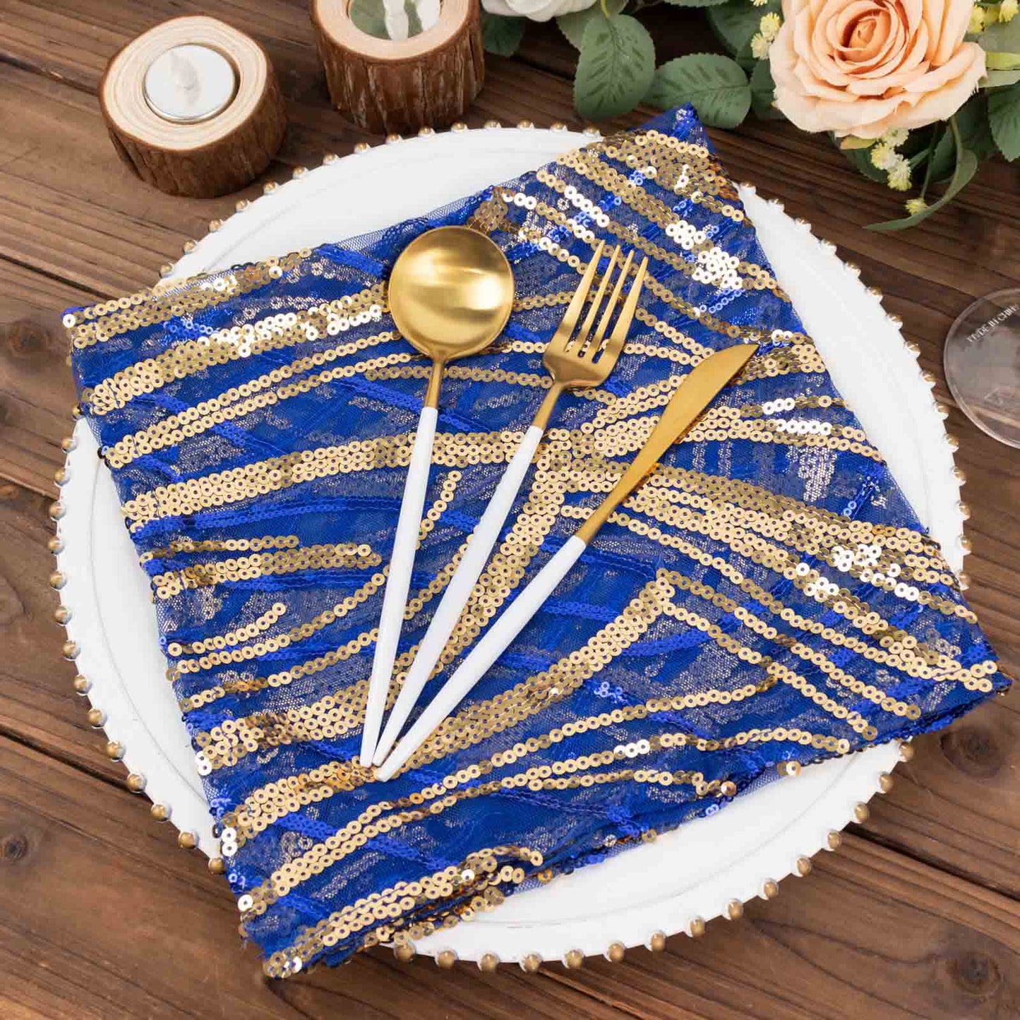 Royal Blue Gold Wave Embroidered Sequin Mesh Dinner Napkin, Reusable Decorative Napkin - 20"x20"
