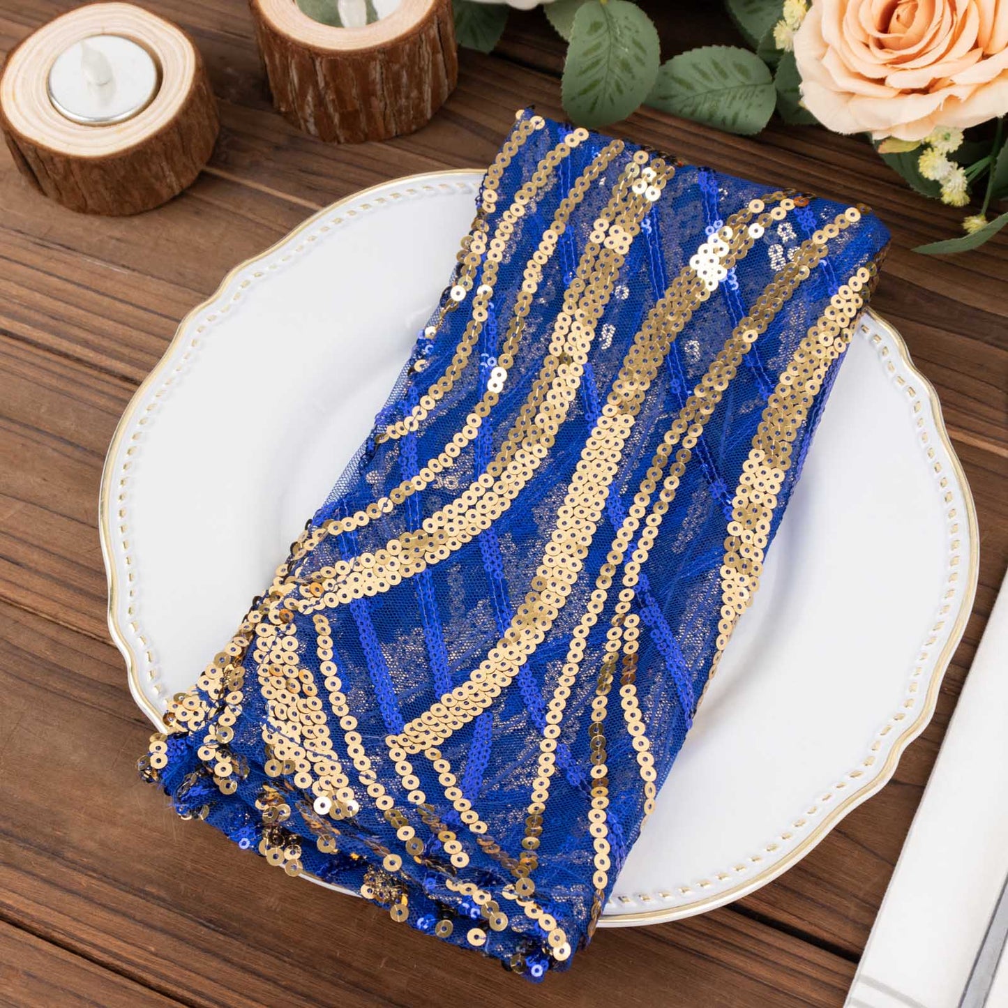 Royal Blue Gold Wave Embroidered Sequin Mesh Dinner Napkin, Reusable Decorative Napkin - 20"x20"