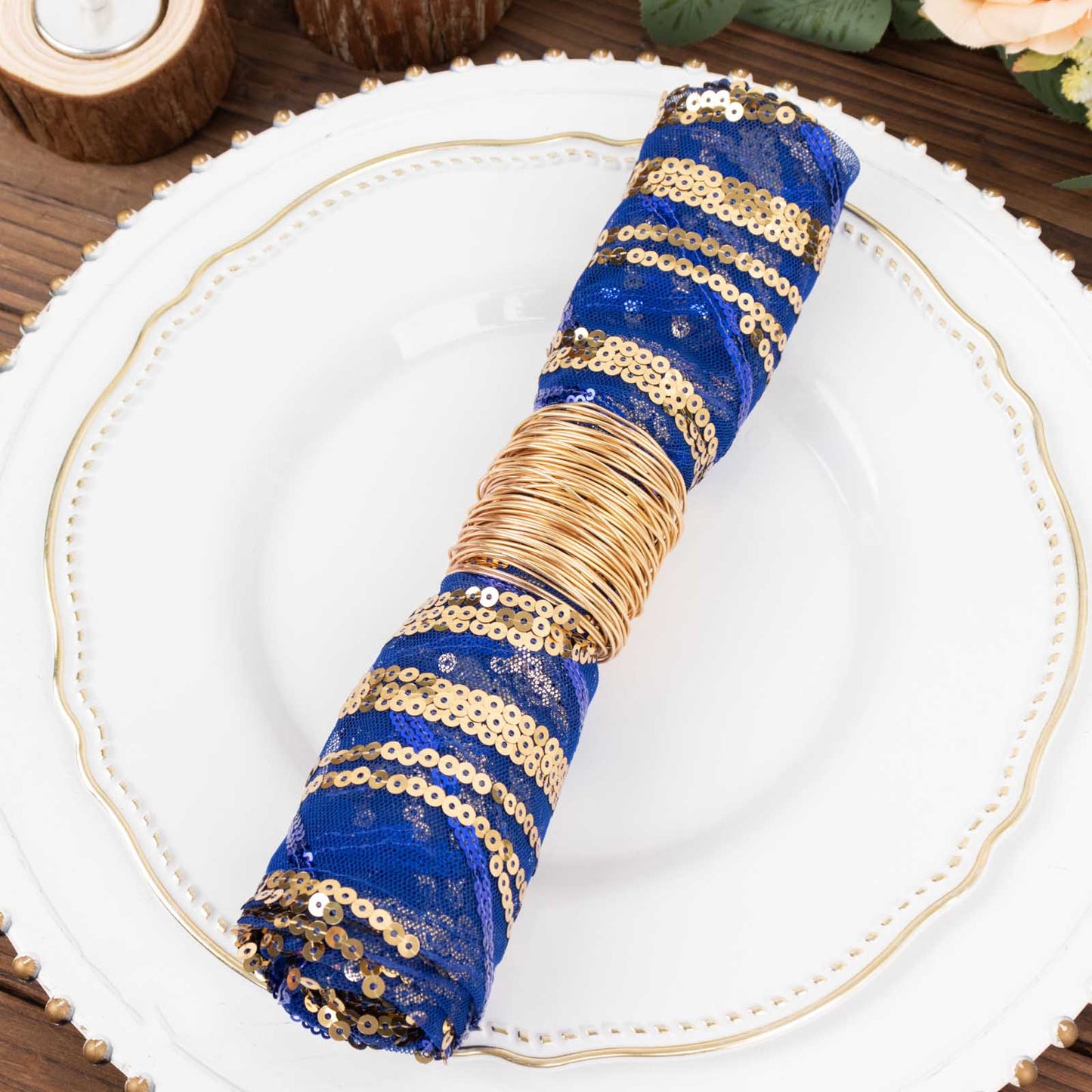 Royal Blue Gold Wave Embroidered Sequin Mesh Dinner Napkin, Reusable Decorative Napkin - 20"x20"