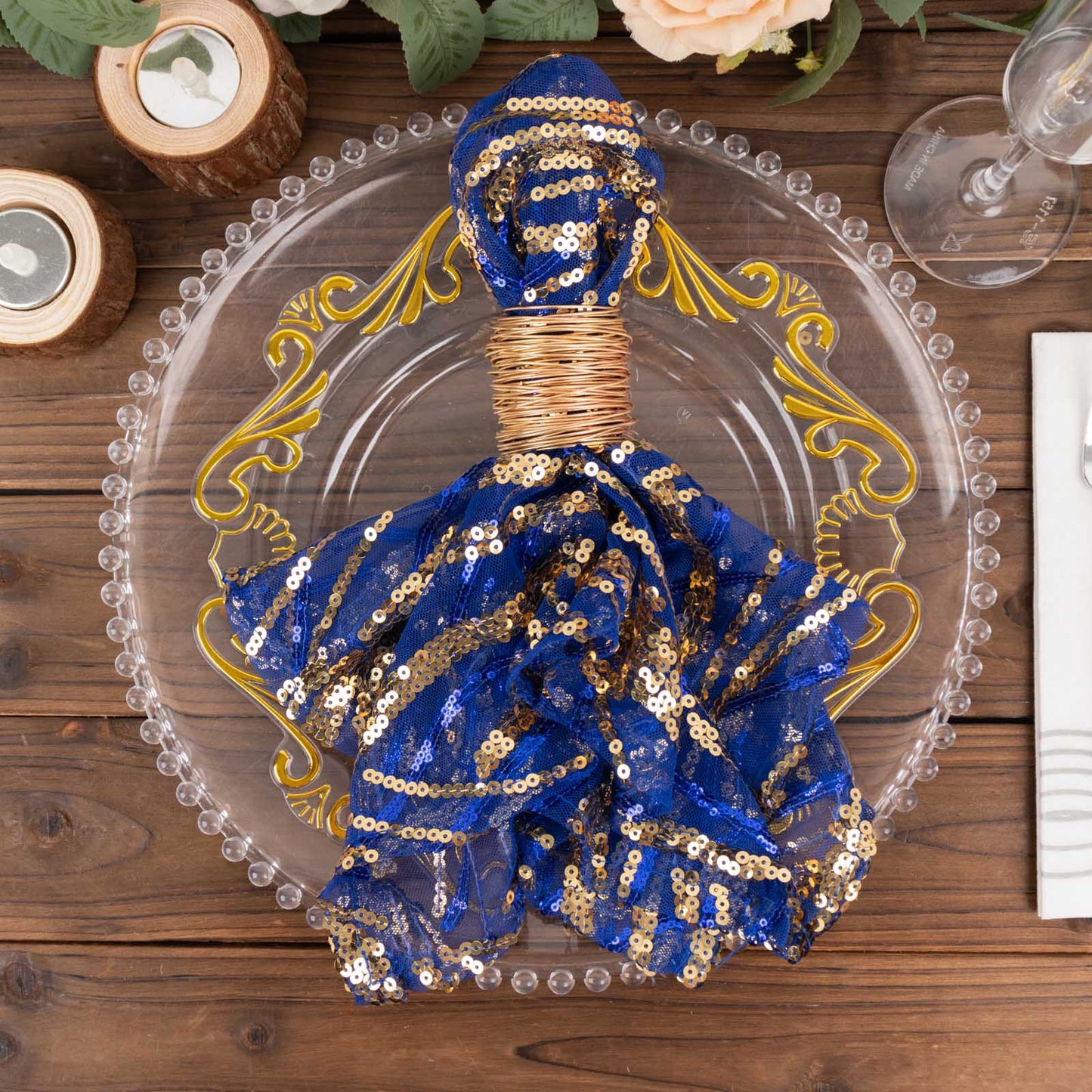 Royal Blue Gold Wave Embroidered Sequin Mesh Dinner Napkin, Reusable Decorative Napkin - 20"x20"