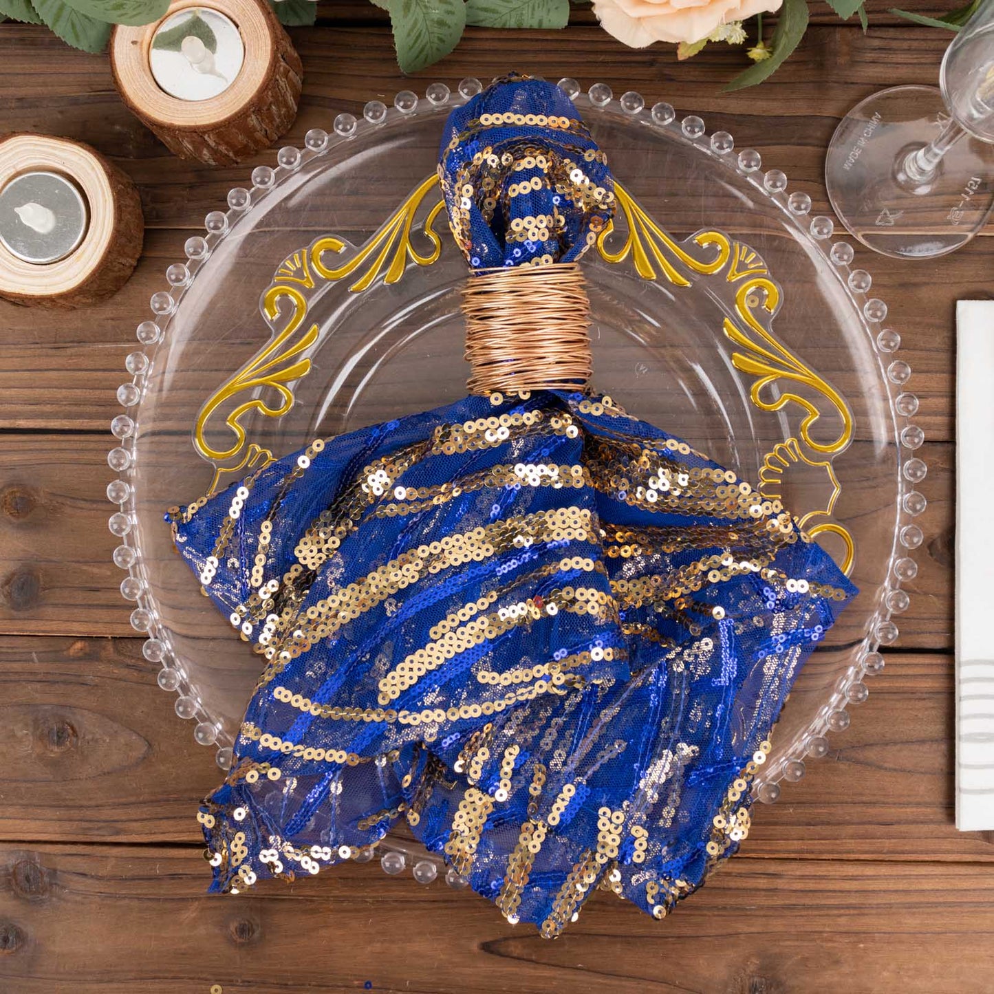 Royal Blue Gold Wave Embroidered Sequin Mesh Dinner Napkin, Reusable Decorative Napkin - 20"x20"