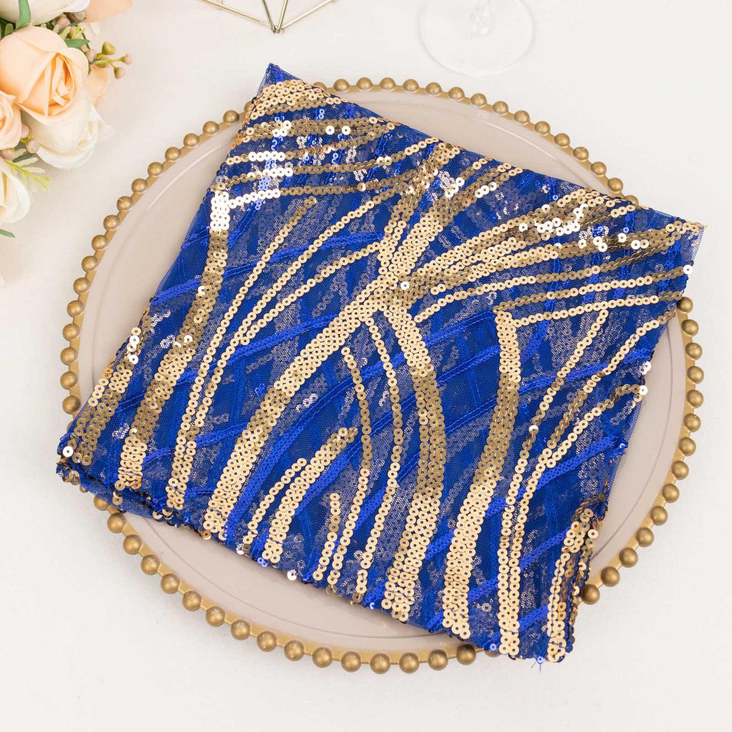 Royal Blue Gold Wave Embroidered Sequin Mesh Dinner Napkin, Reusable Decorative Napkin - 20"x20"