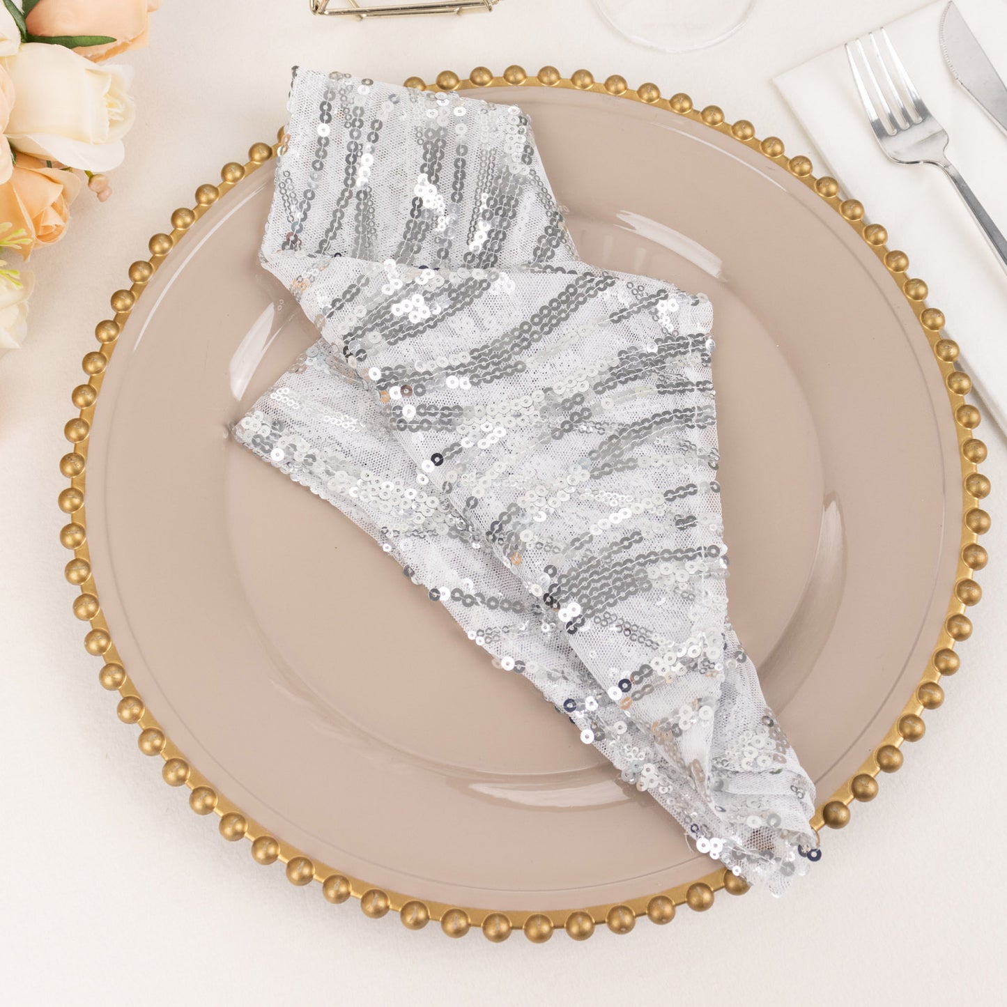 Silver Wave Embroidered Sequin Mesh Dinner Napkin, Reusable Decorative Napkin - 20"x20"