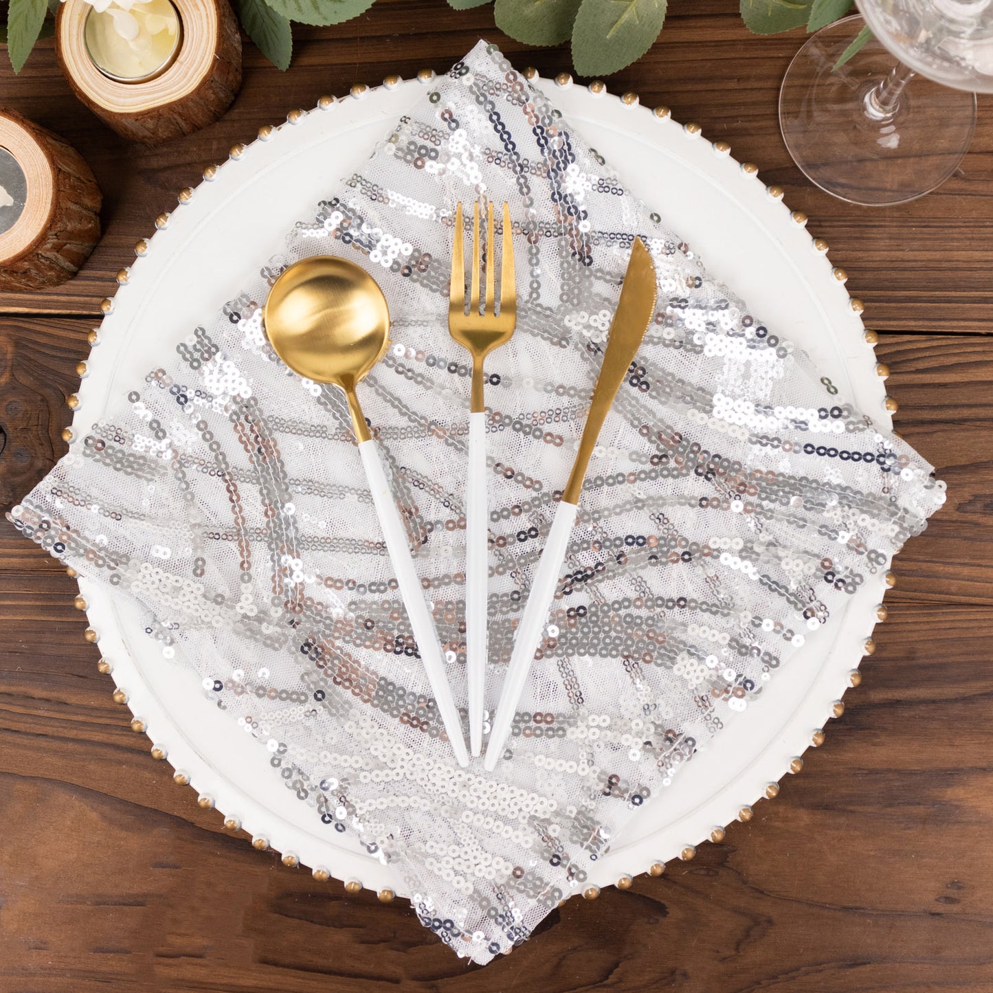 Silver Wave Embroidered Sequin Mesh Dinner Napkin, Reusable Decorative Napkin - 20"x20"