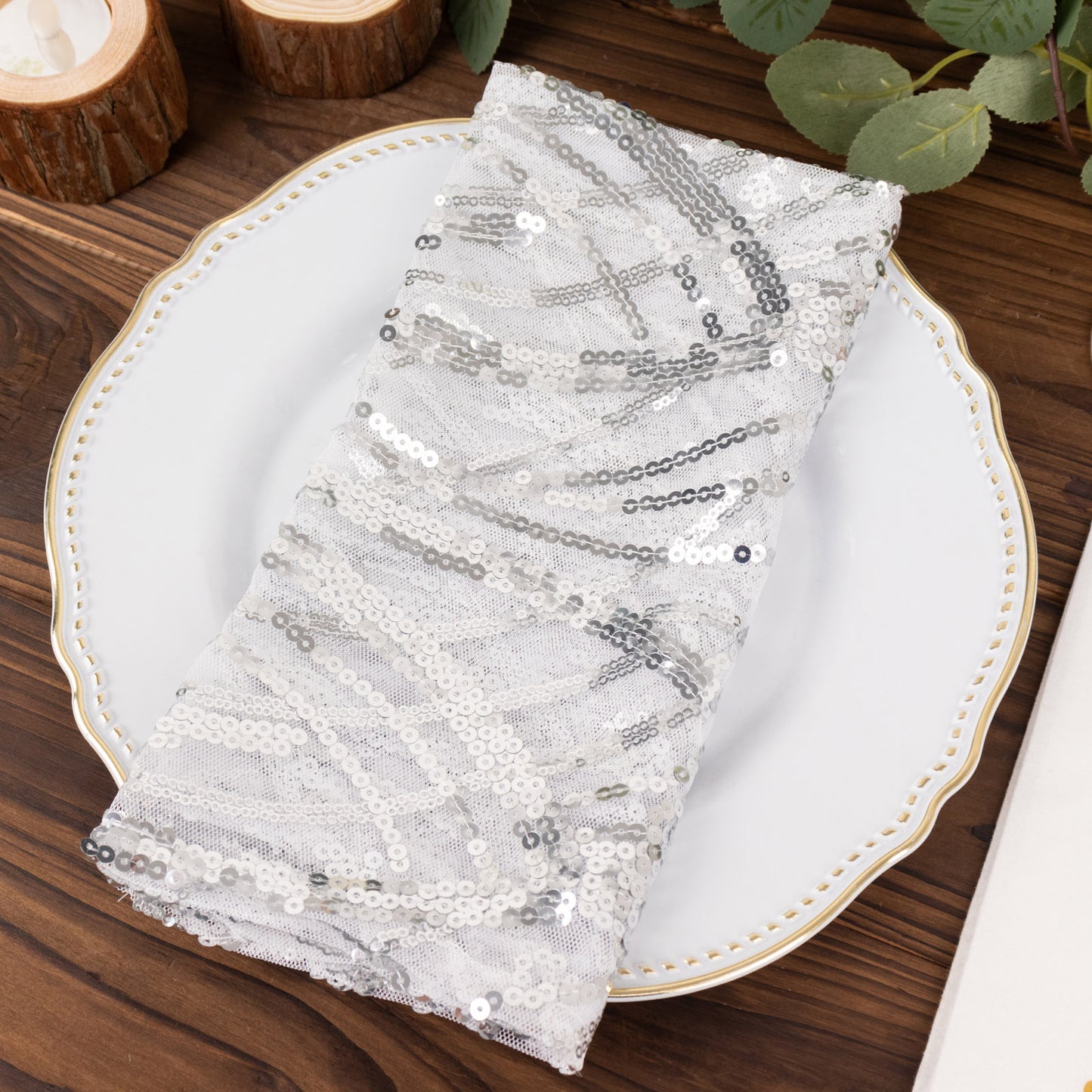 Silver Wave Embroidered Sequin Mesh Dinner Napkin, Reusable Decorative Napkin - 20"x20"
