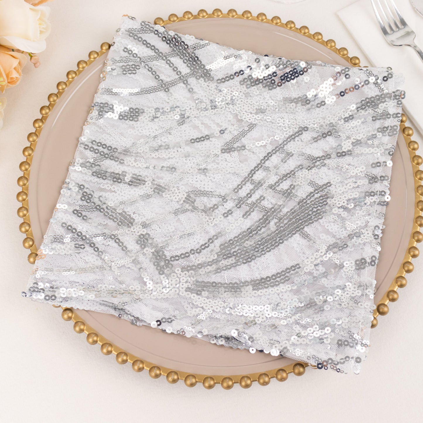Silver Wave Embroidered Sequin Mesh Dinner Napkin, Reusable Decorative Napkin - 20"x20"