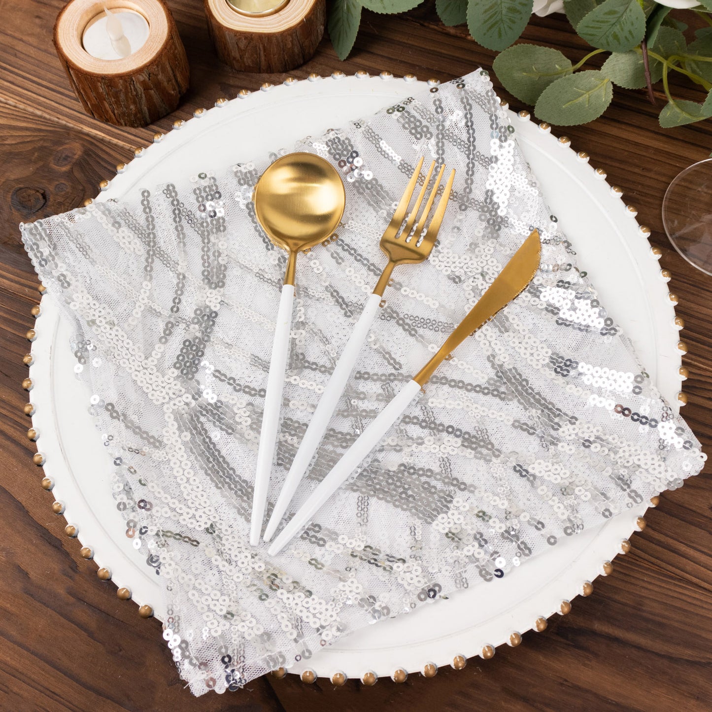 Silver Wave Embroidered Sequin Mesh Dinner Napkin, Reusable Decorative Napkin - 20"x20"