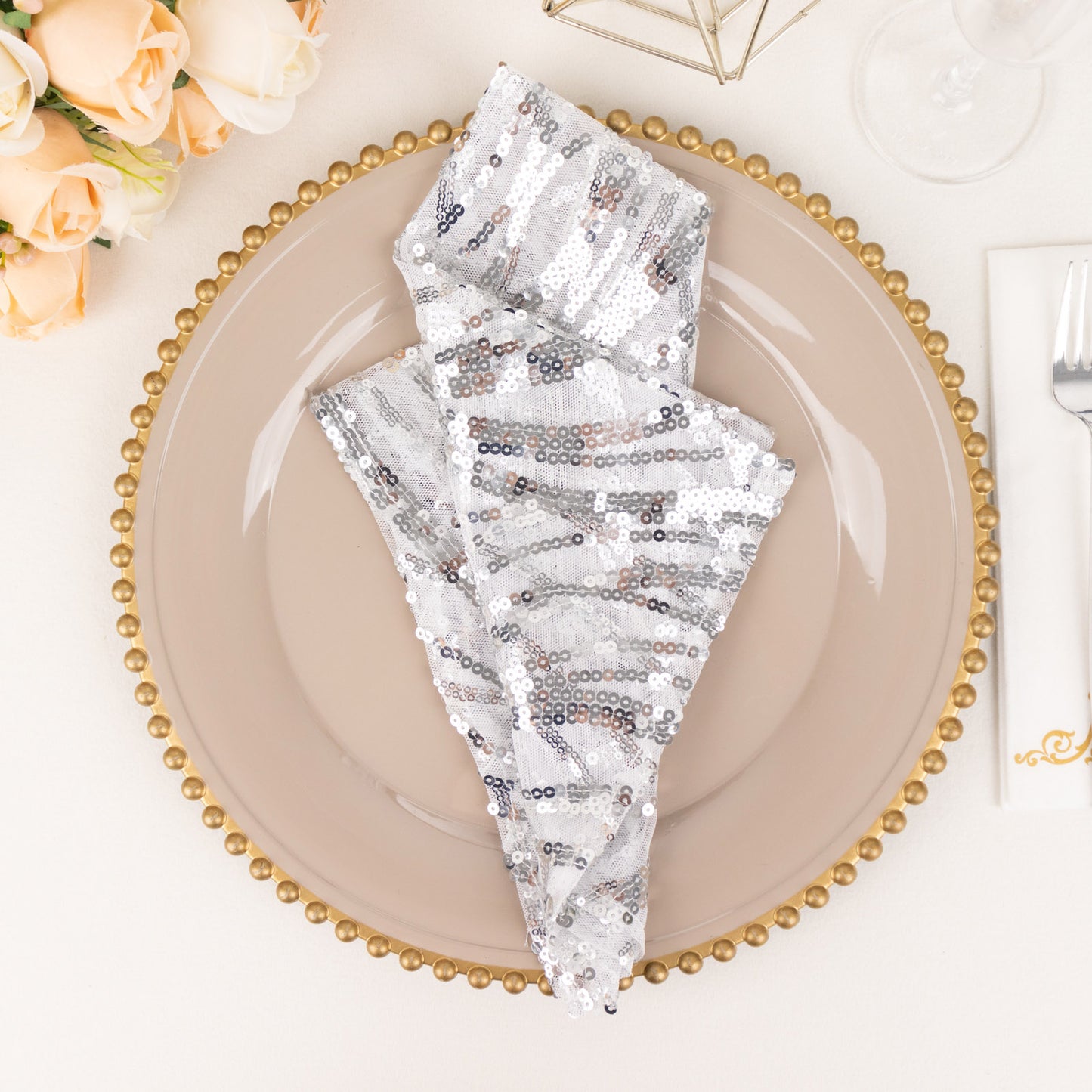 Silver Wave Embroidered Sequin Mesh Dinner Napkin, Reusable Decorative Napkin - 20"x20"