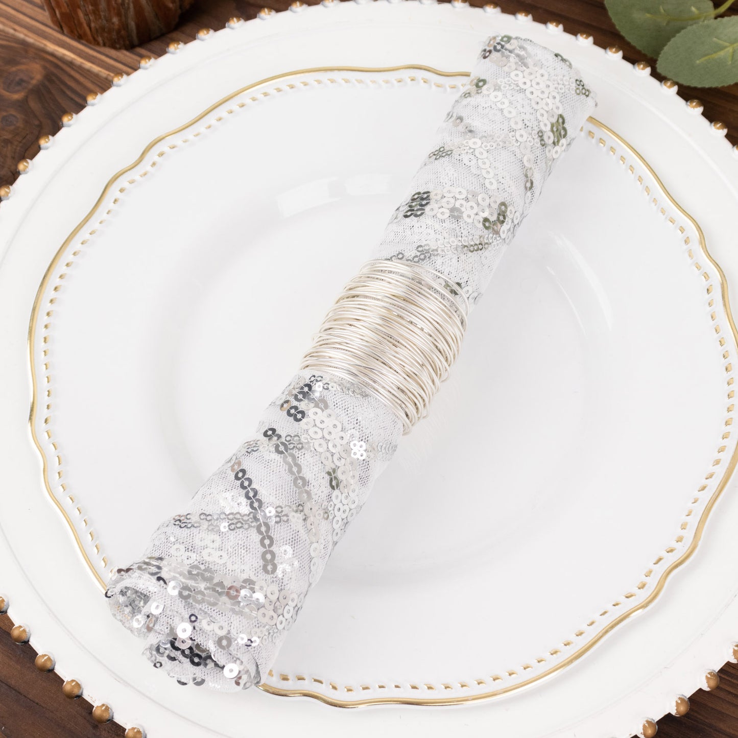 Silver Wave Embroidered Sequin Mesh Dinner Napkin, Reusable Decorative Napkin - 20"x20"