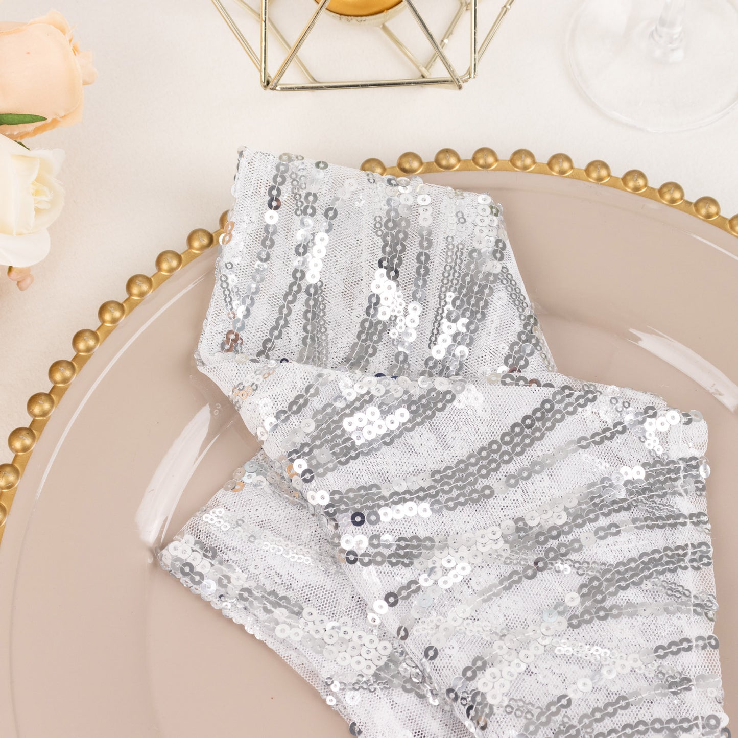 Silver Wave Embroidered Sequin Mesh Dinner Napkin, Reusable Decorative Napkin - 20"x20"
