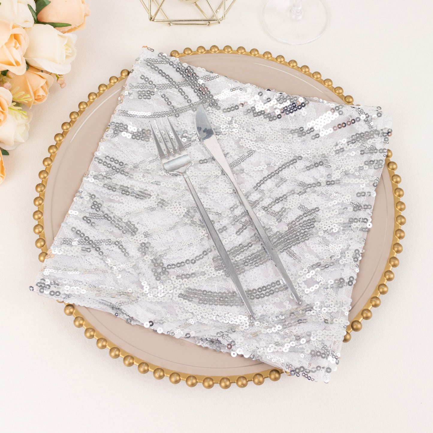 Silver Wave Embroidered Sequin Mesh Dinner Napkin, Reusable Decorative Napkin - 20"x20"