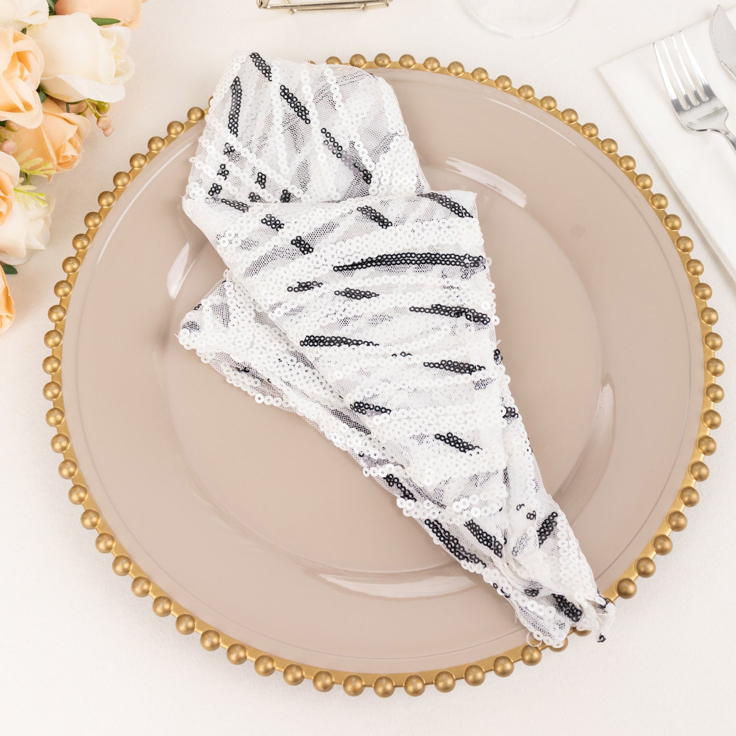 White And Black Cloth Dinner Napkin With Wave Embroidered Sequins, Decorative Reusable Mesh Napkin - 20"x20"