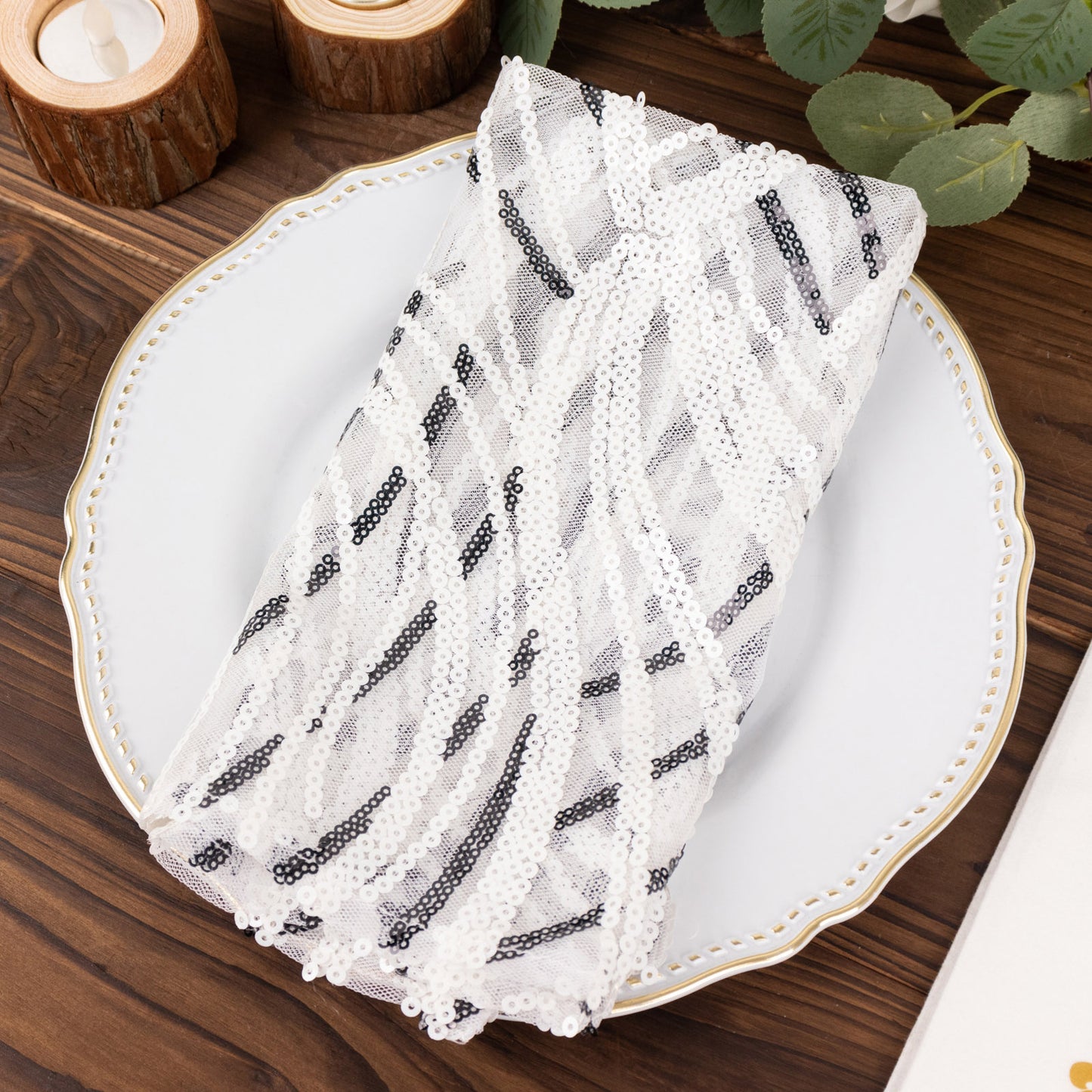 White And Black Cloth Dinner Napkin With Wave Embroidered Sequins, Decorative Reusable Mesh Napkin - 20"x20"