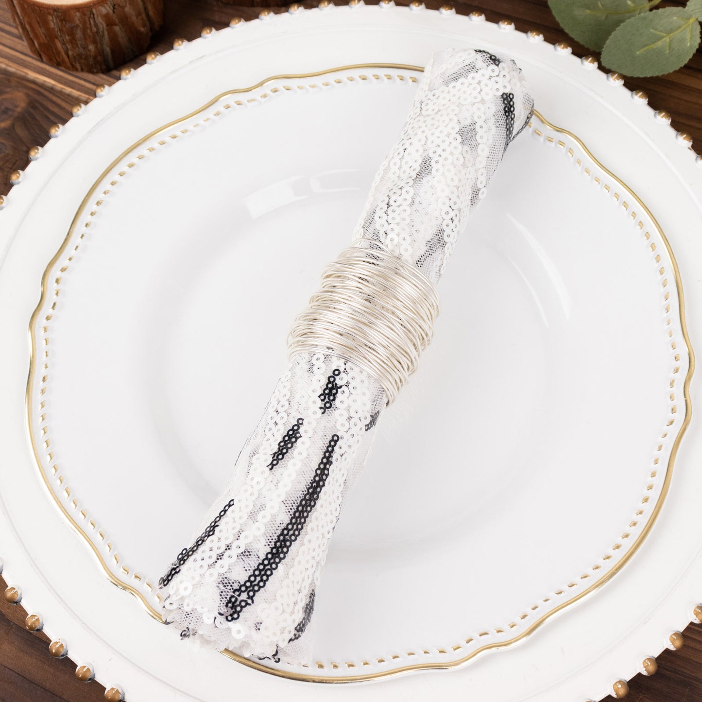 White And Black Cloth Dinner Napkin With Wave Embroidered Sequins, Decorative Reusable Mesh Napkin - 20"x20"