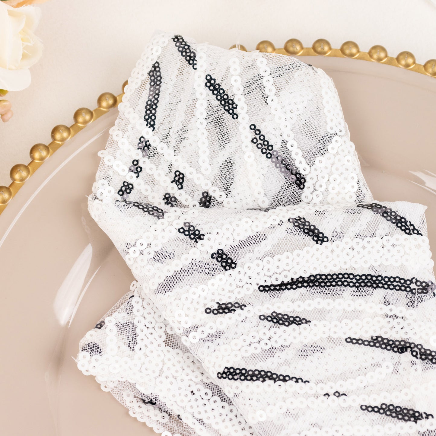 White And Black Cloth Dinner Napkin With Wave Embroidered Sequins, Decorative Reusable Mesh Napkin - 20"x20"