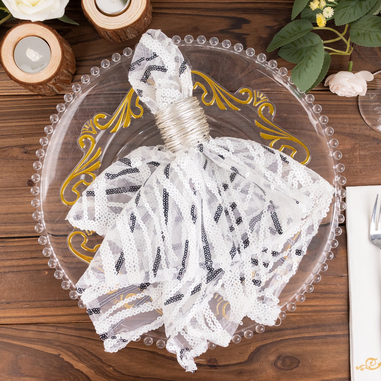 White And Black Cloth Dinner Napkin With Wave Embroidered Sequins, Decorative Reusable Mesh Napkin - 20"x20"