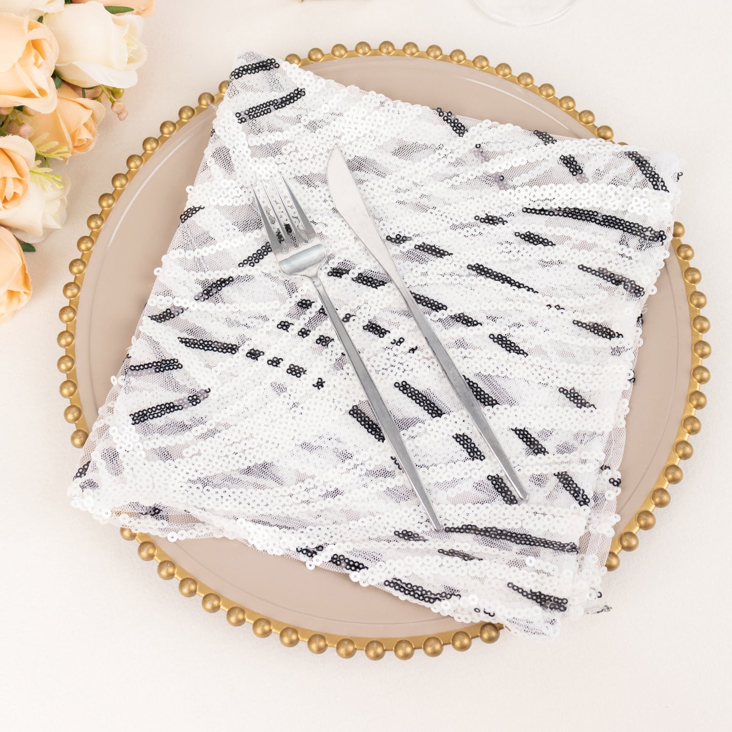 White And Black Cloth Dinner Napkin With Wave Embroidered Sequins, Decorative Reusable Mesh Napkin - 20"x20"