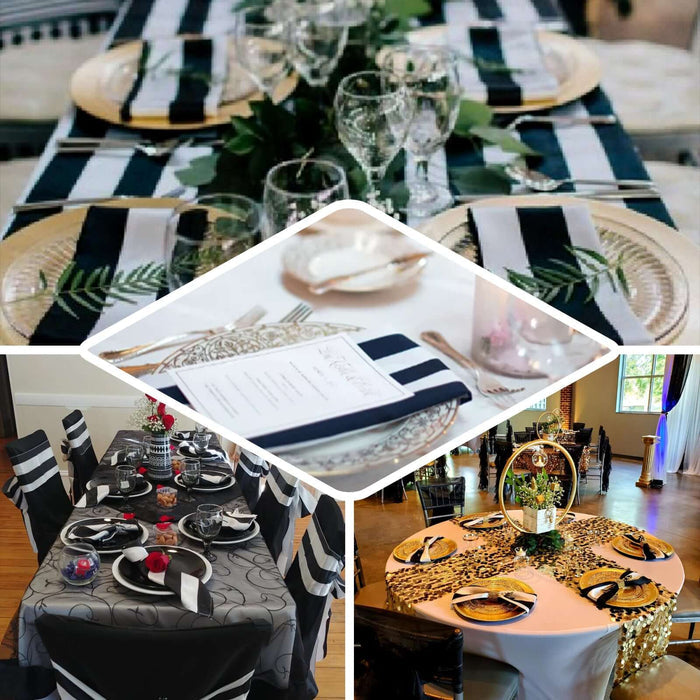 5 Pack | Black and White Striped Satin Cloth Dinner Napkins | 20"x20"