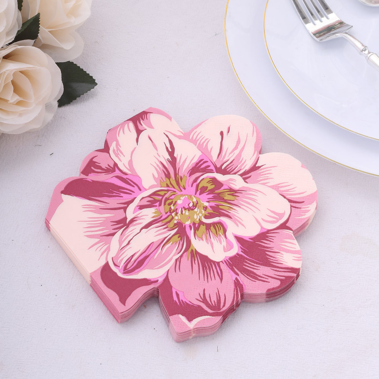 20 Pack Pink Peony Flower Shaped 2-Ply Paper Beverage Napkins For Wedding Shower, Elegant Disposable Party Cocktail Napkins